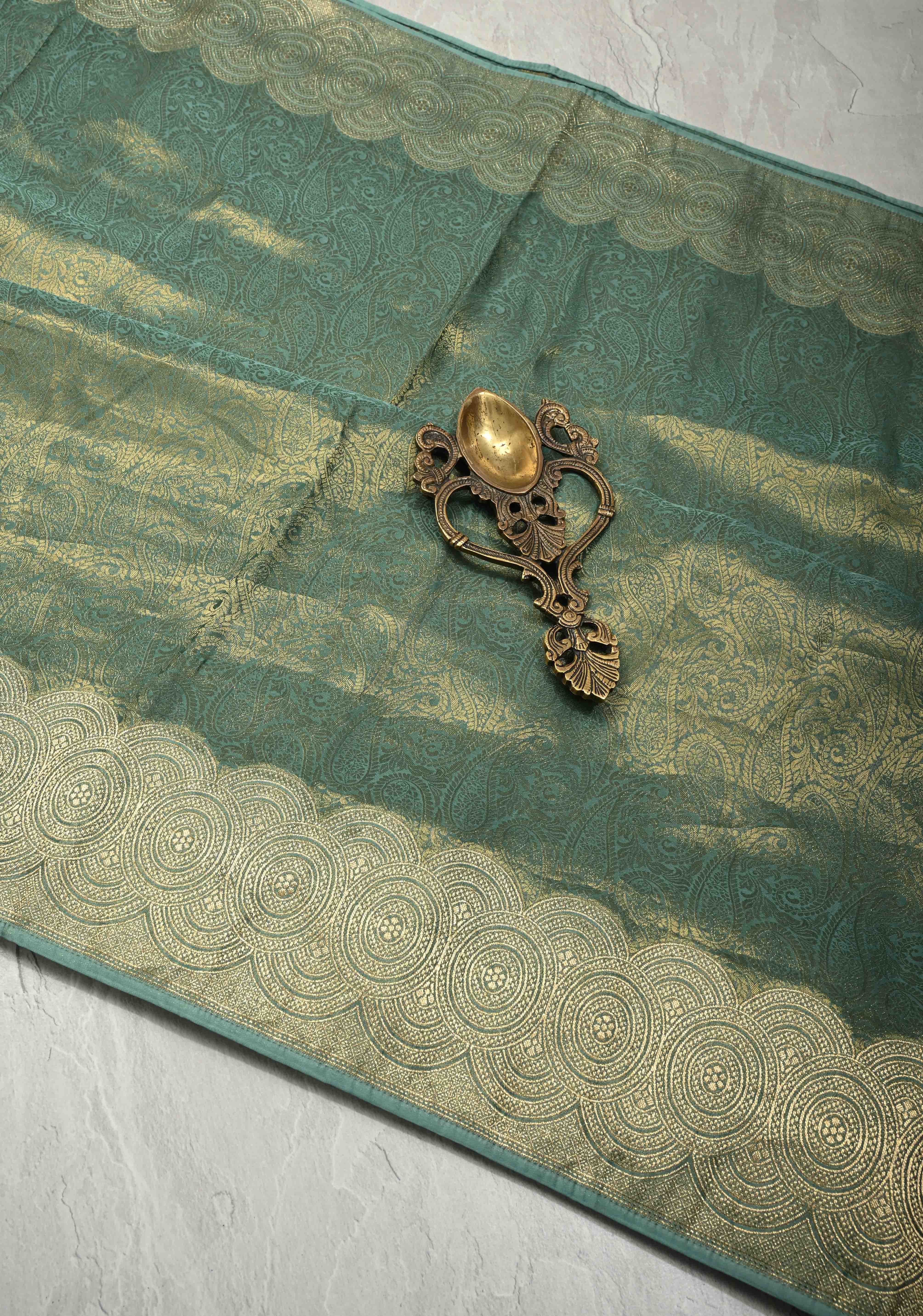 Turquoise Vegan Viscose Paisley Brocade Silk Saree with Zari Border | Shobitam