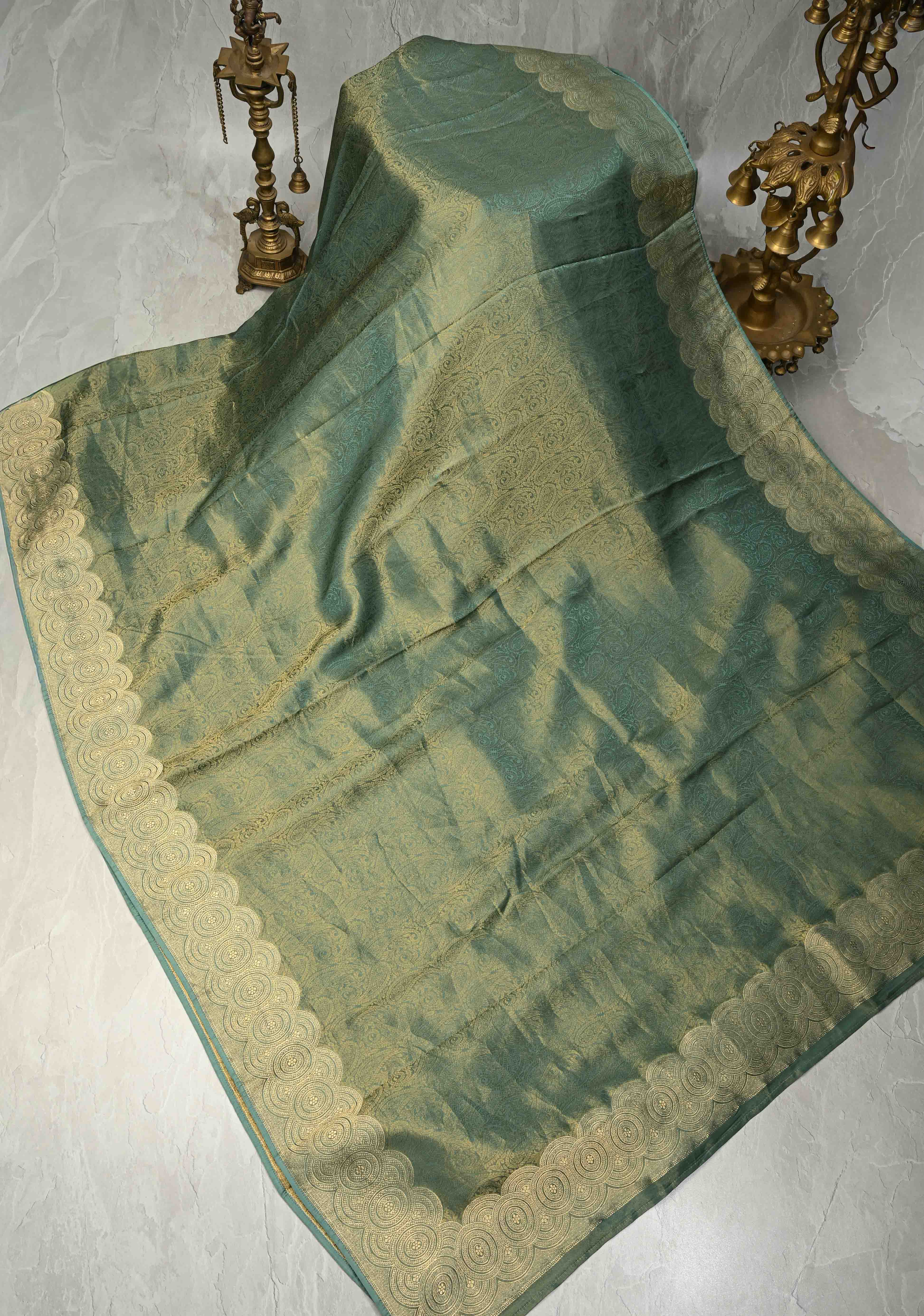 Turquoise Vegan Viscose Paisley Brocade Silk Saree with Zari Border | Shobitam
