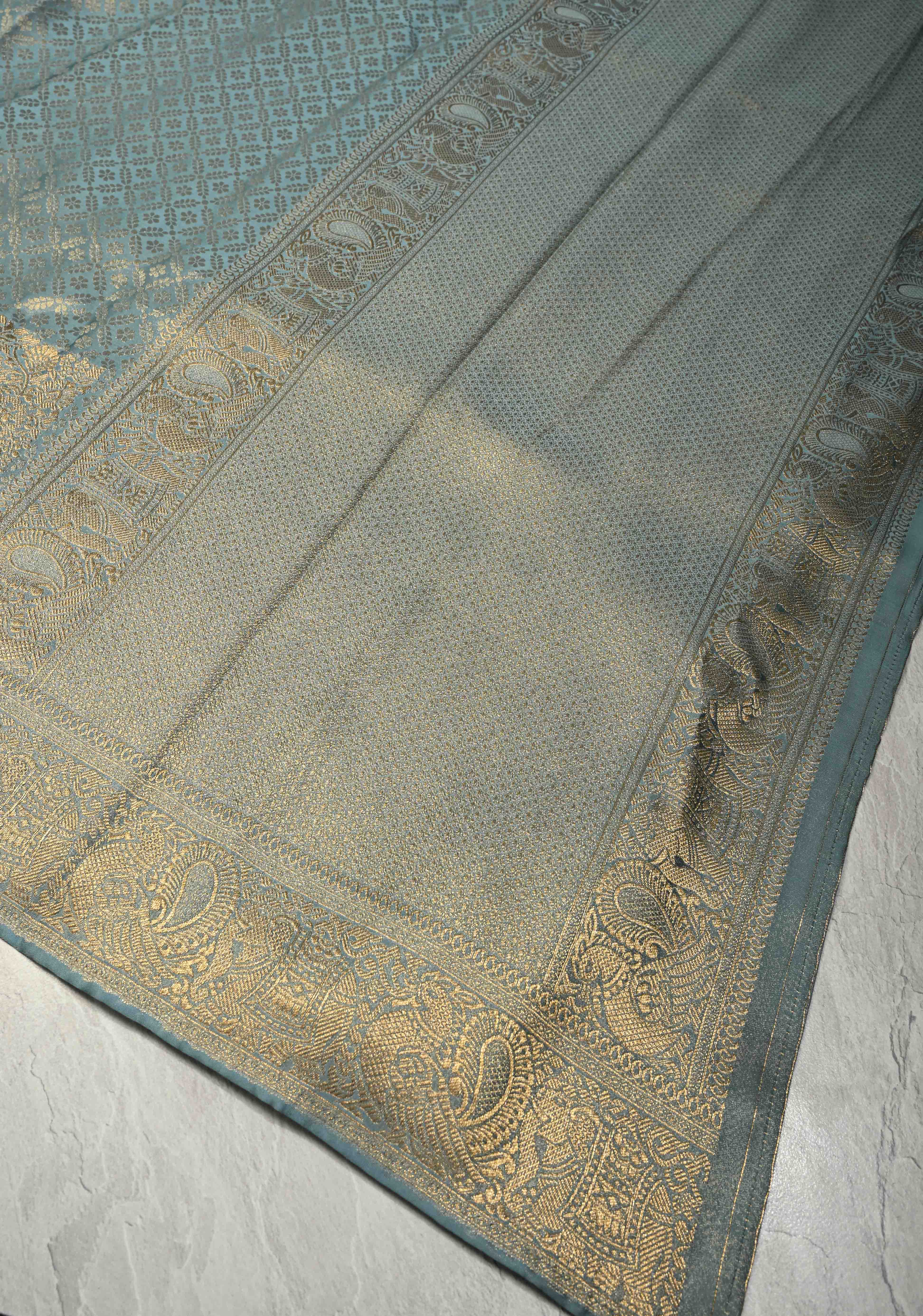 Powder Blue Vegan Viscose Silk Saree with Floral Jaal and Zari Border | Shobitam