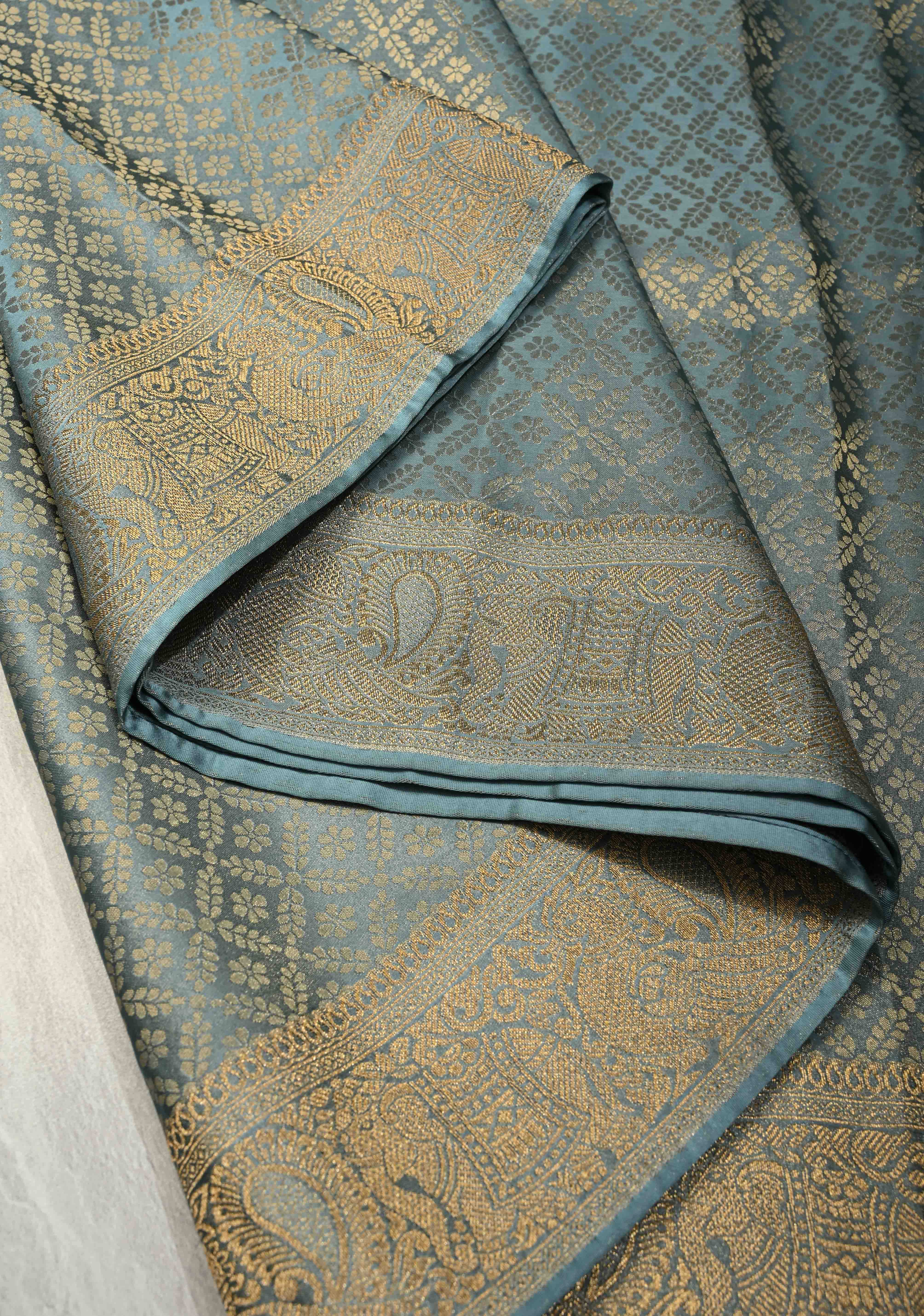 Powder Blue Vegan Viscose Silk Saree with Floral Jaal and Zari Border | Shobitam