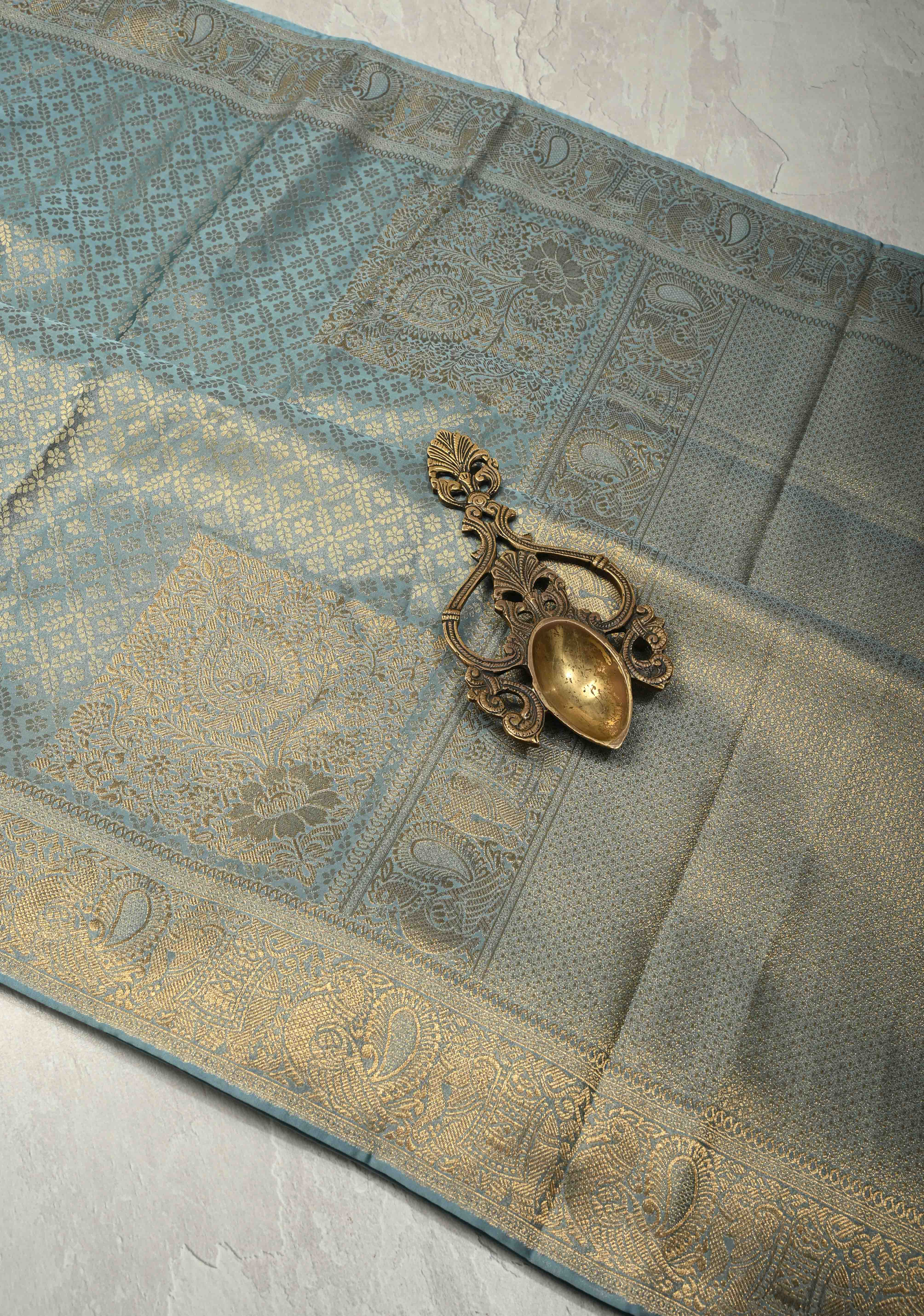 Powder Blue Vegan Viscose Silk Saree with Floral Jaal and Zari Border | Shobitam