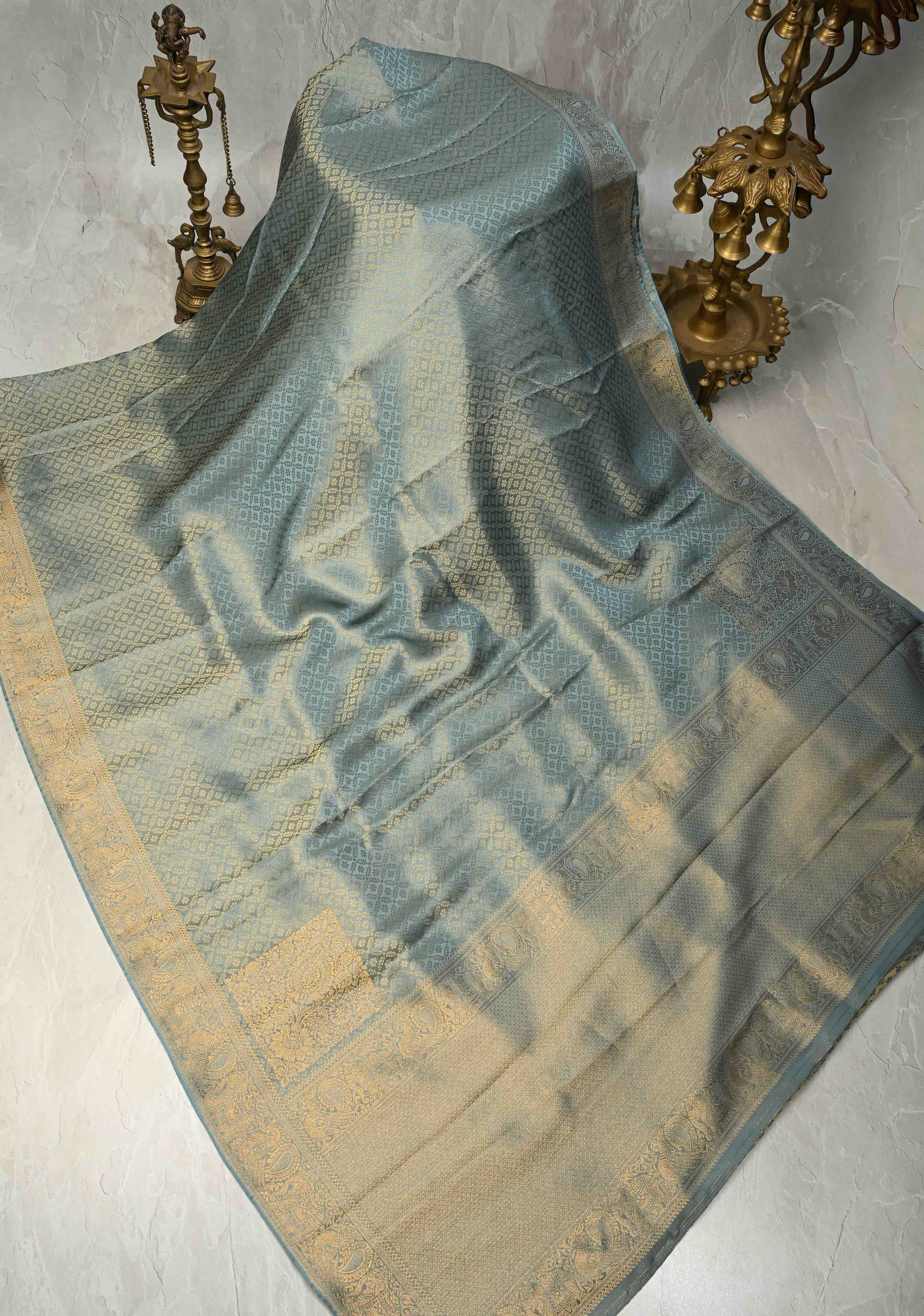 Powder Blue Vegan Viscose Silk Saree with Floral Jaal and Zari Border | Shobitam