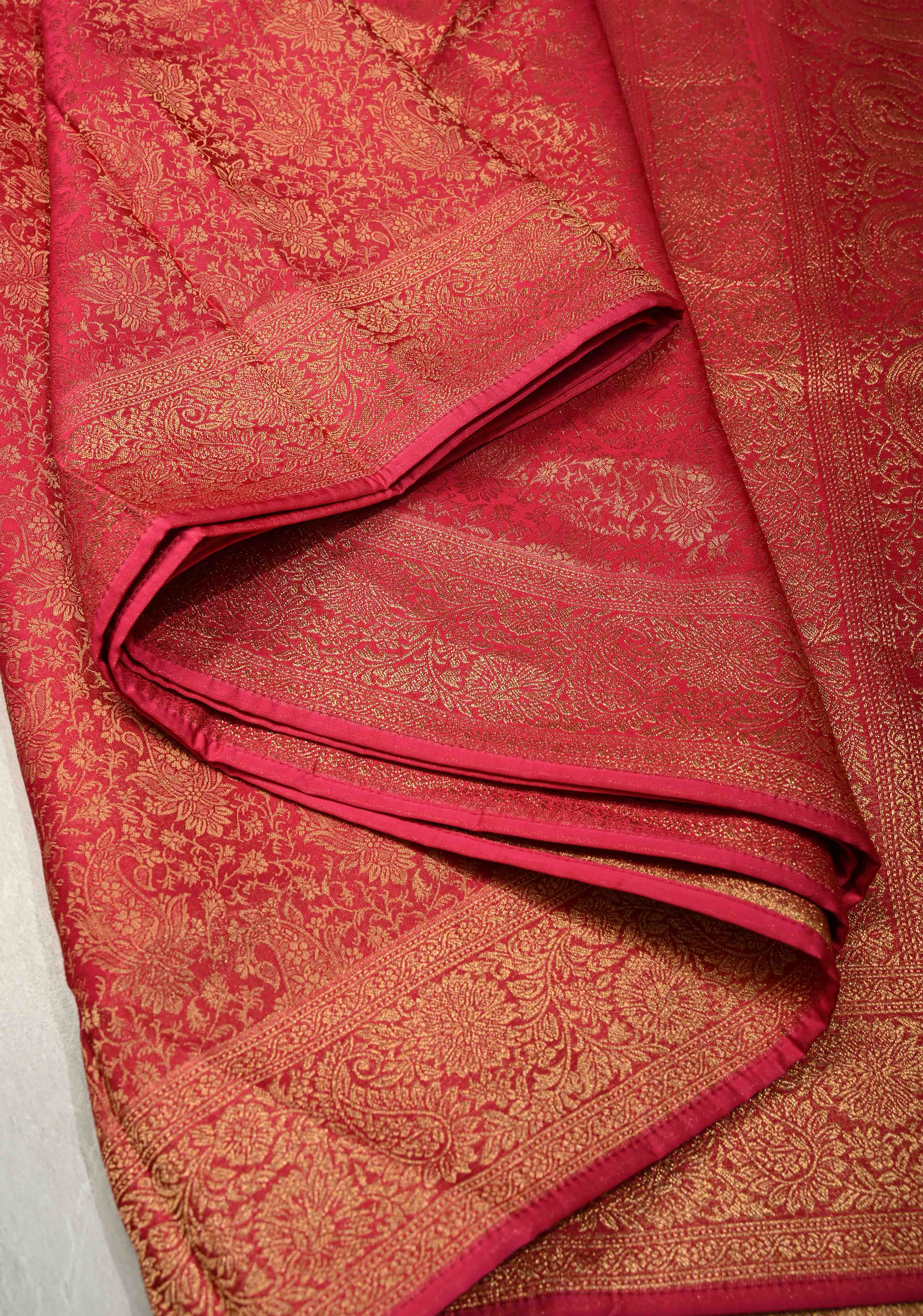 Rani Pink Vegan Viscose Silk Saree with Brocade Jaal and Zari Border | SHOBITAM