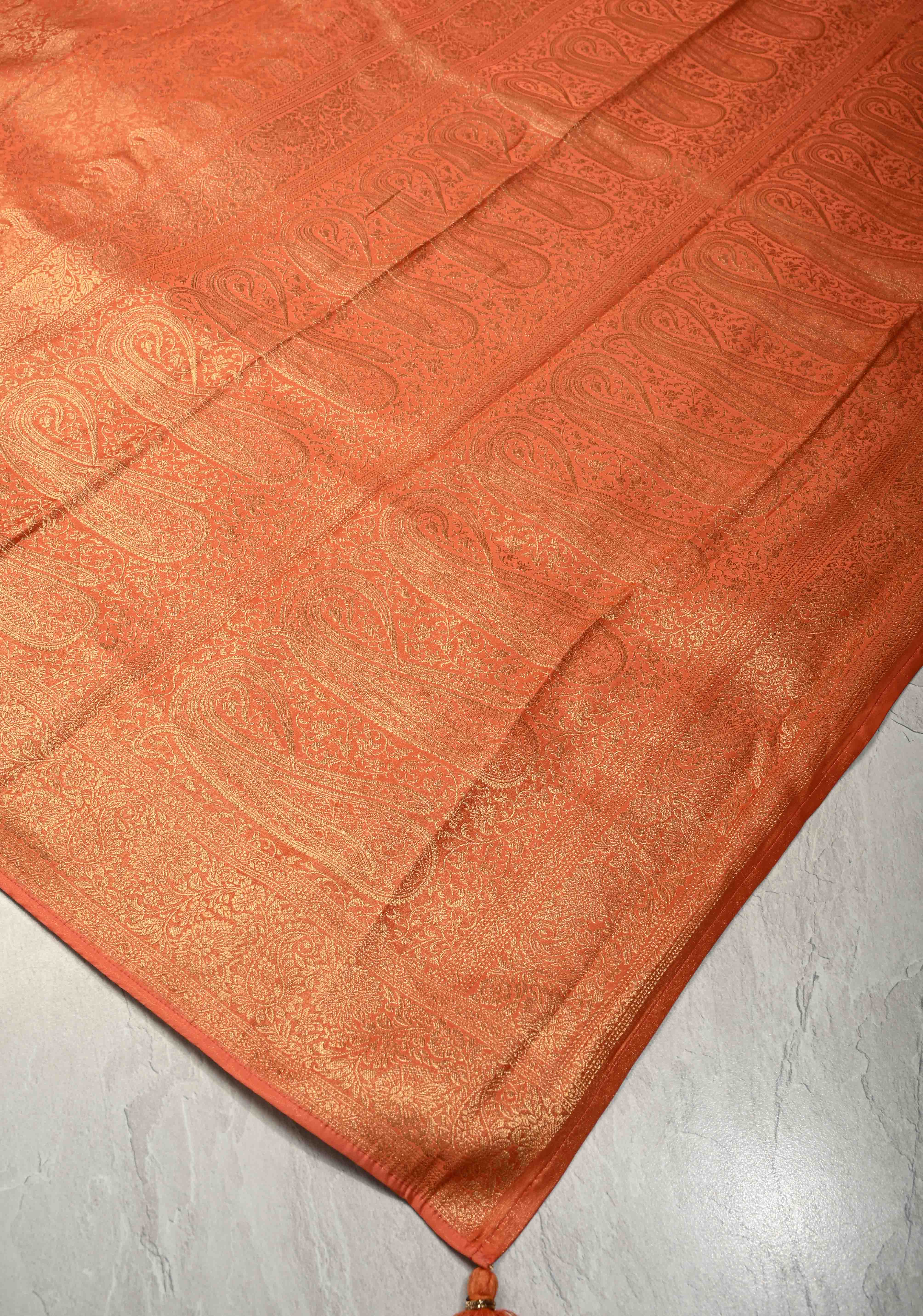 Flame Orange Vegan Viscose Silk Saree with Paisley Floral Brocade and Zari Border | Shobitam
