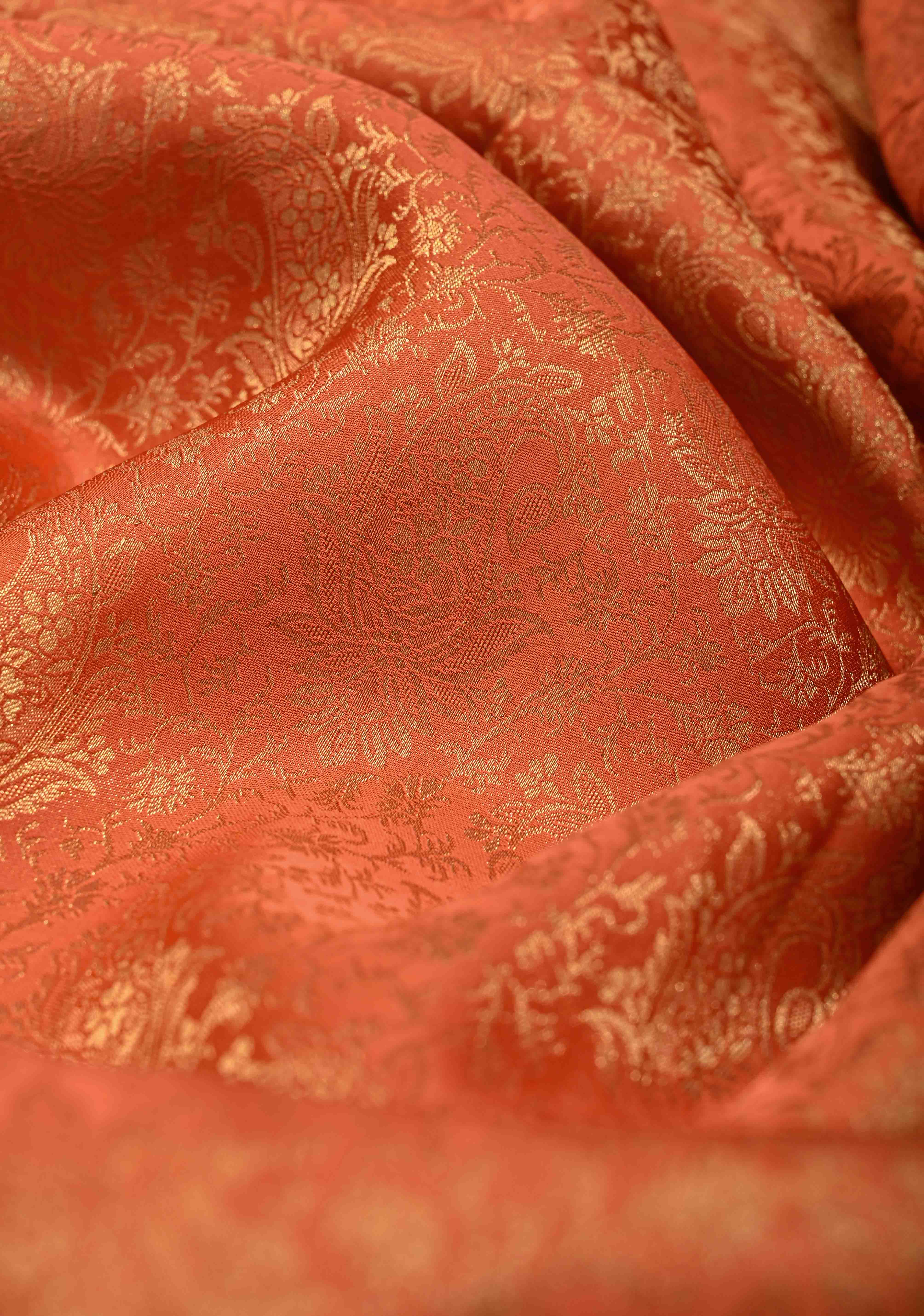 Flame Orange Vegan Viscose Silk Saree with Paisley Floral Brocade and Zari Border | Shobitam