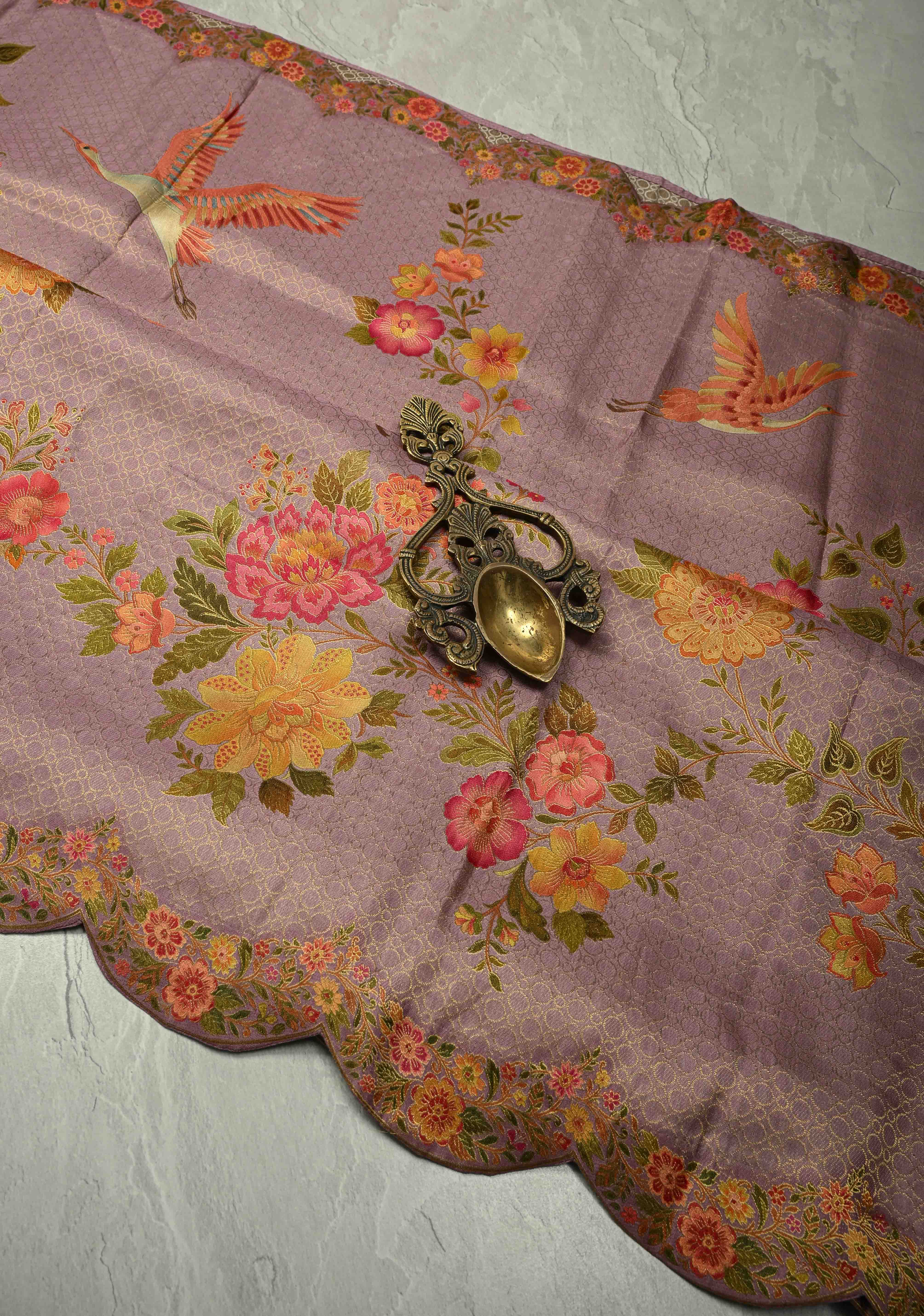 Brocade on Vegan Silk Saree in Pastel Lavender with Floral-Birds design and Scallop border | Shobitam