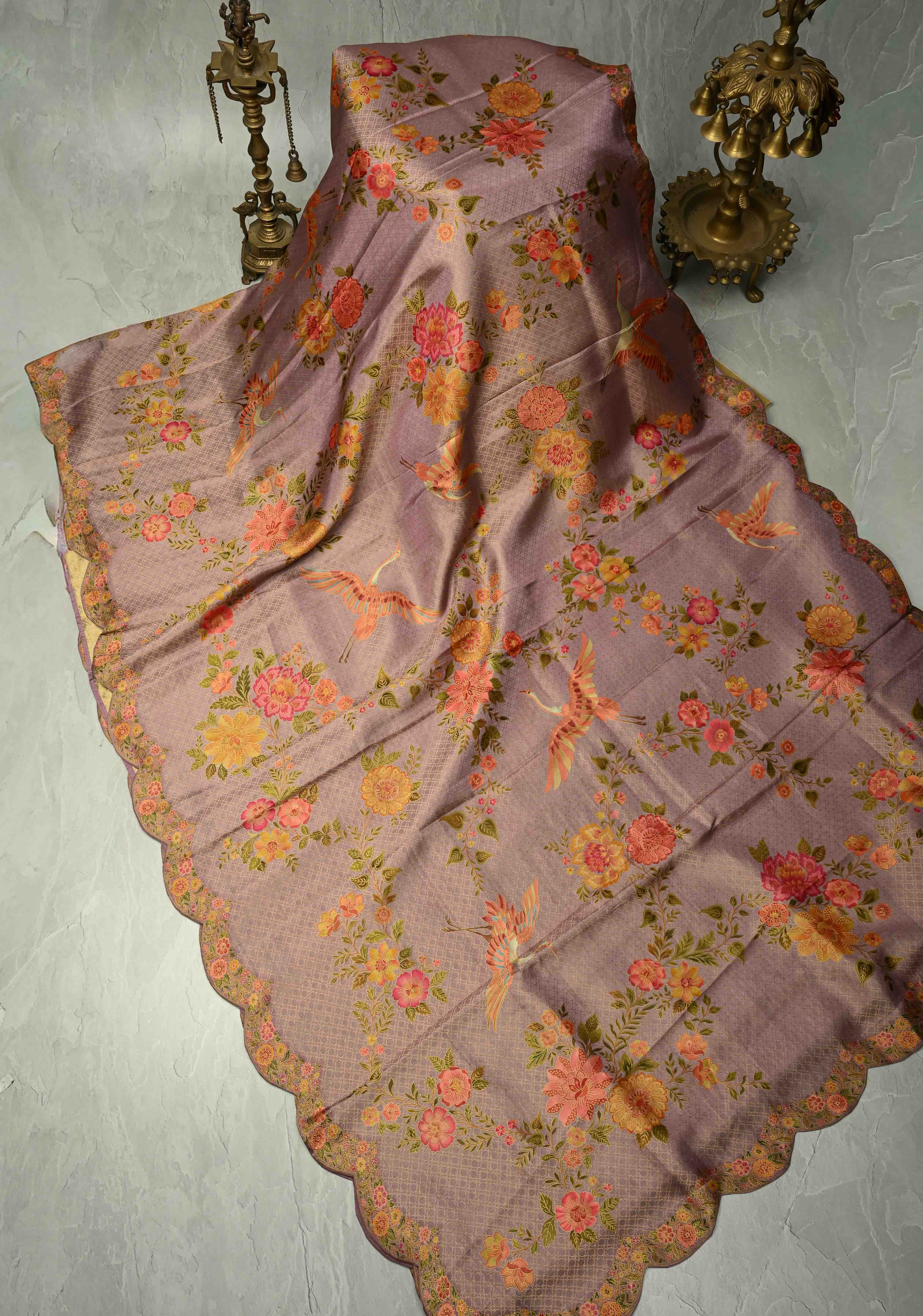Brocade on Vegan Silk Saree in Pastel Lavender with Floral-Birds design and Scallop border | Shobitam