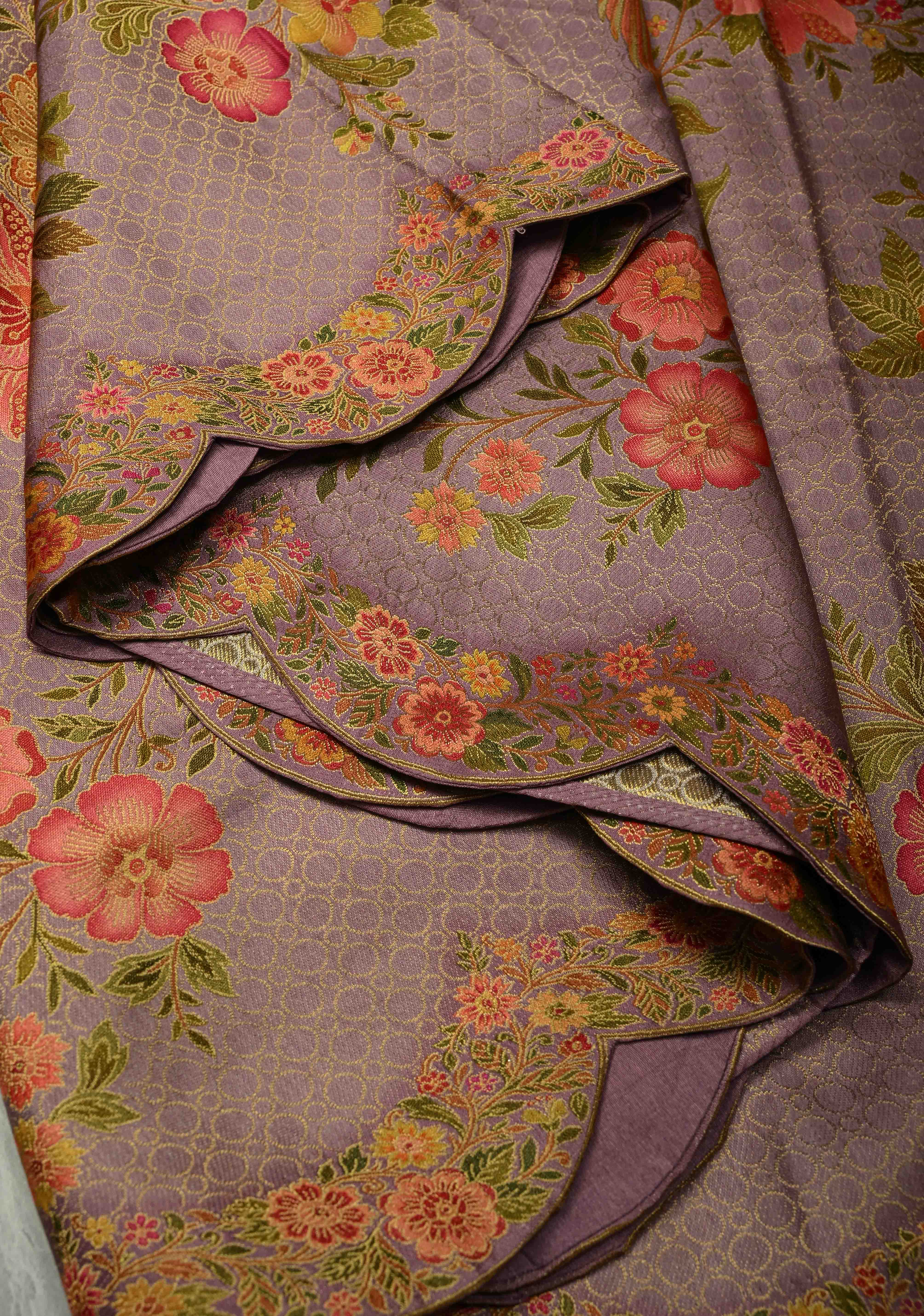 Brocade on Vegan Silk Saree in Pastel Lavender with Floral-Birds design and Scallop border | Shobitam