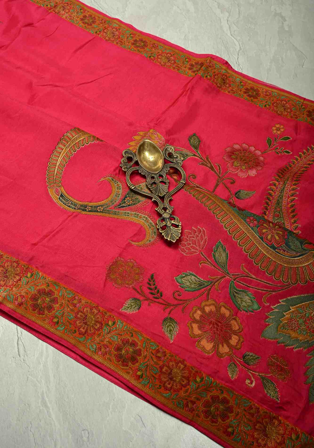 Vegan Soft Silk predraped Saree with paisley motifs in Bright Pink and border Ready to Wear Saree