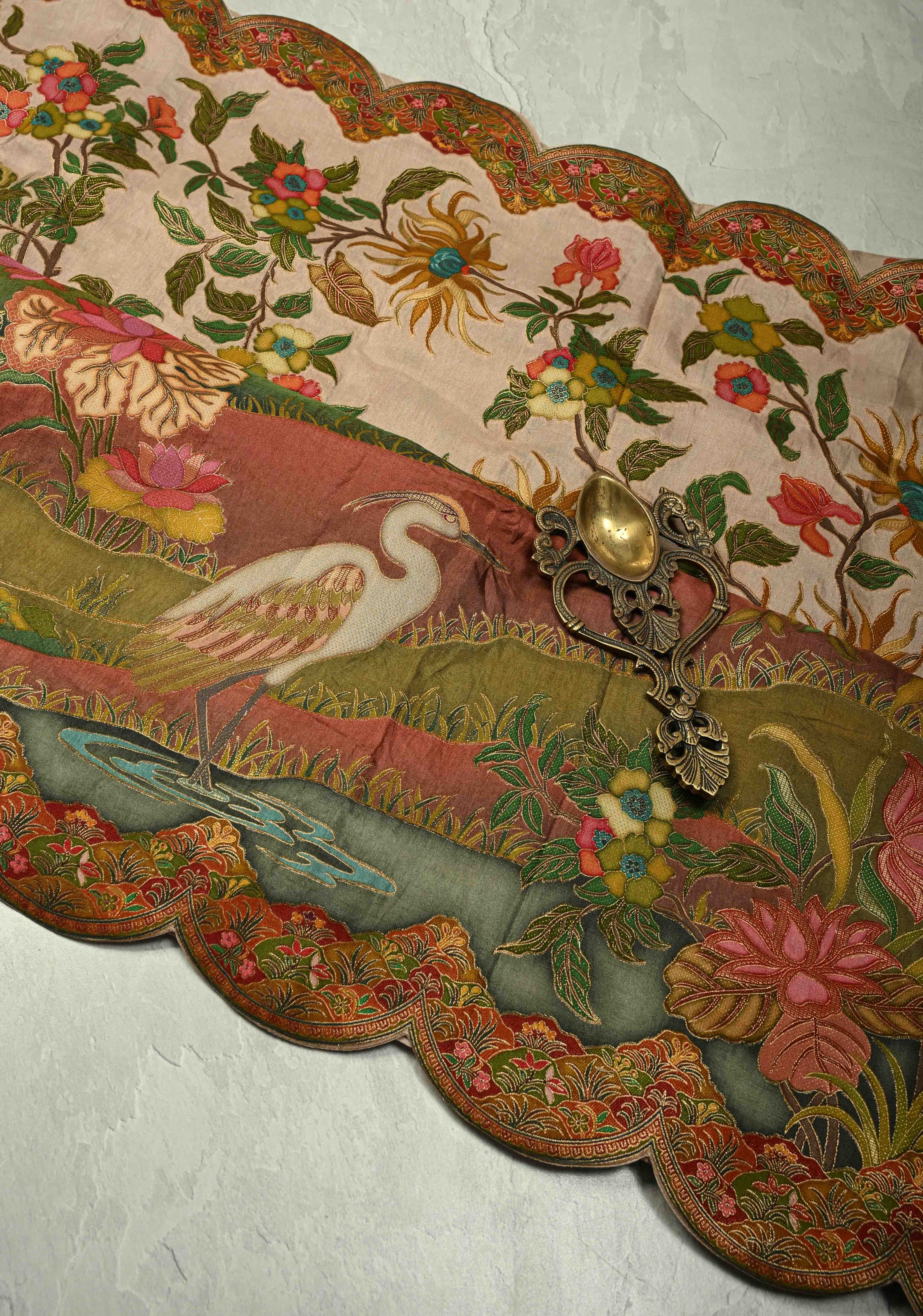 Vegan Soft Silk Saree with Floral Brocade and Crane Motifs in Light Brown with Scallop Border