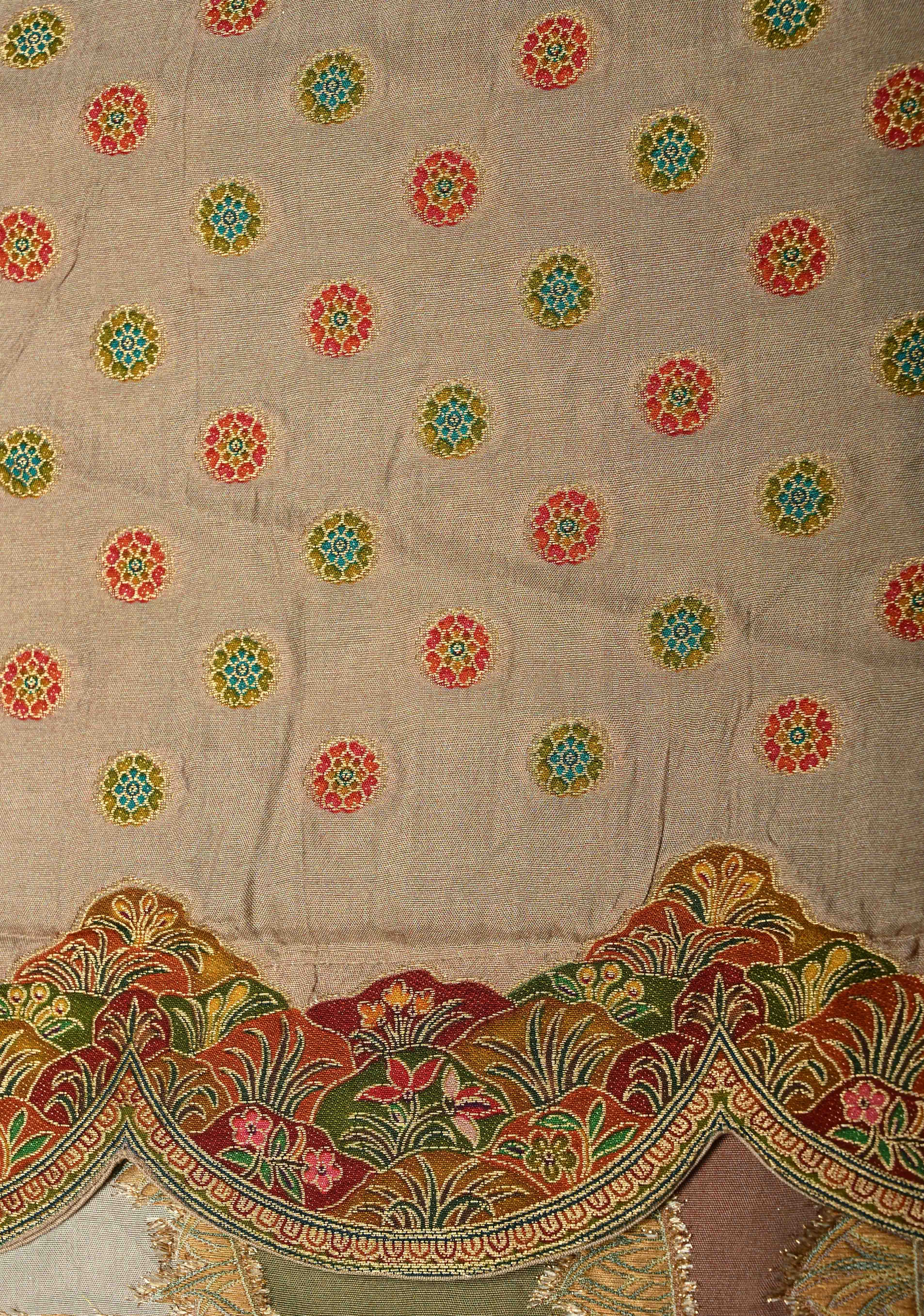 Vegan Soft Silk Saree with Floral Brocade and Crane Motifs in Light Brown with Scallop Border