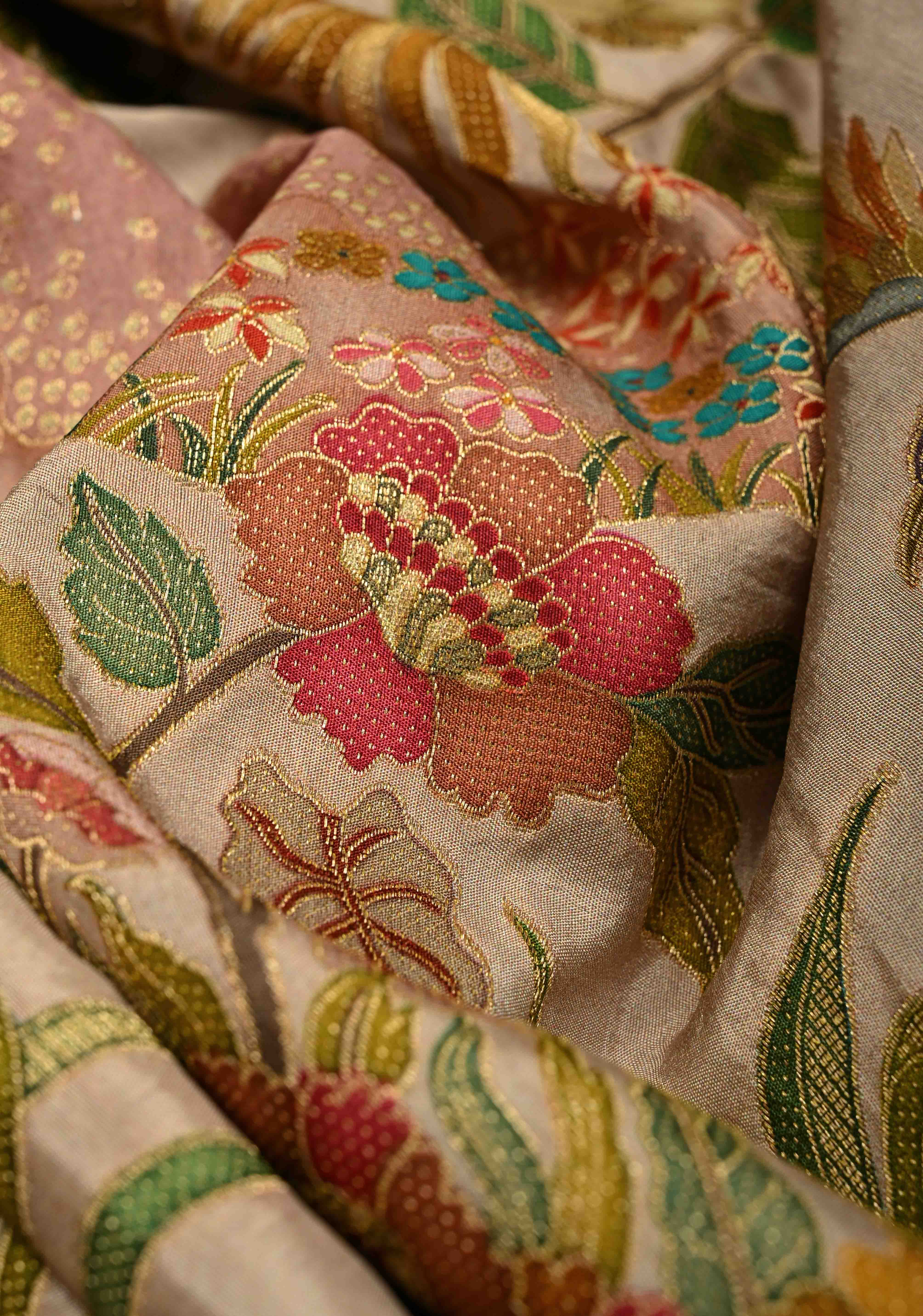 Vegan Soft Silk Saree with Floral Brocade and Crane Motifs in Light Brown with Scallop Border