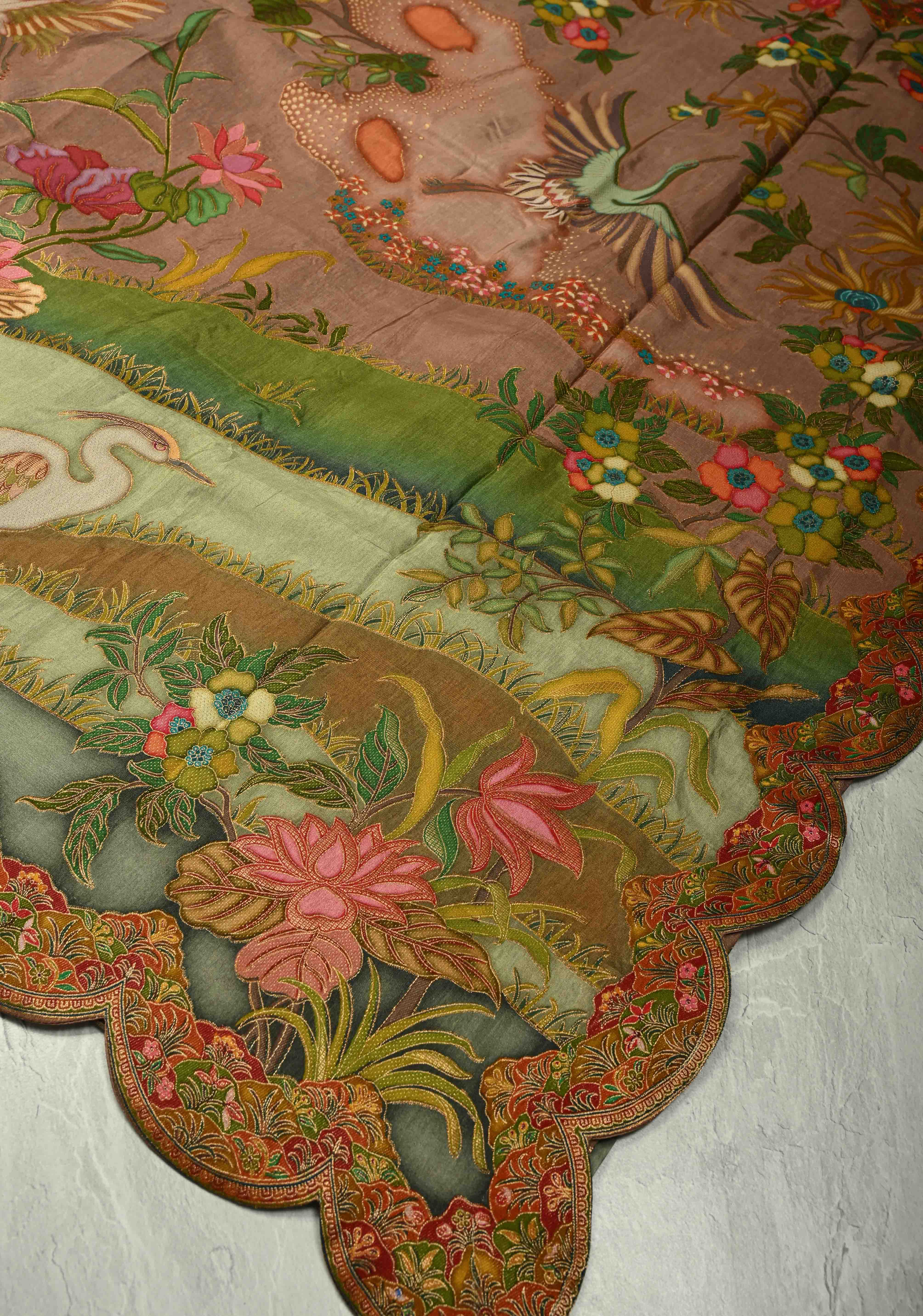 Vegan Soft Silk Saree with Floral Brocade and Crane Motifs in Dusty Rose with Scallop border | Shobitam
