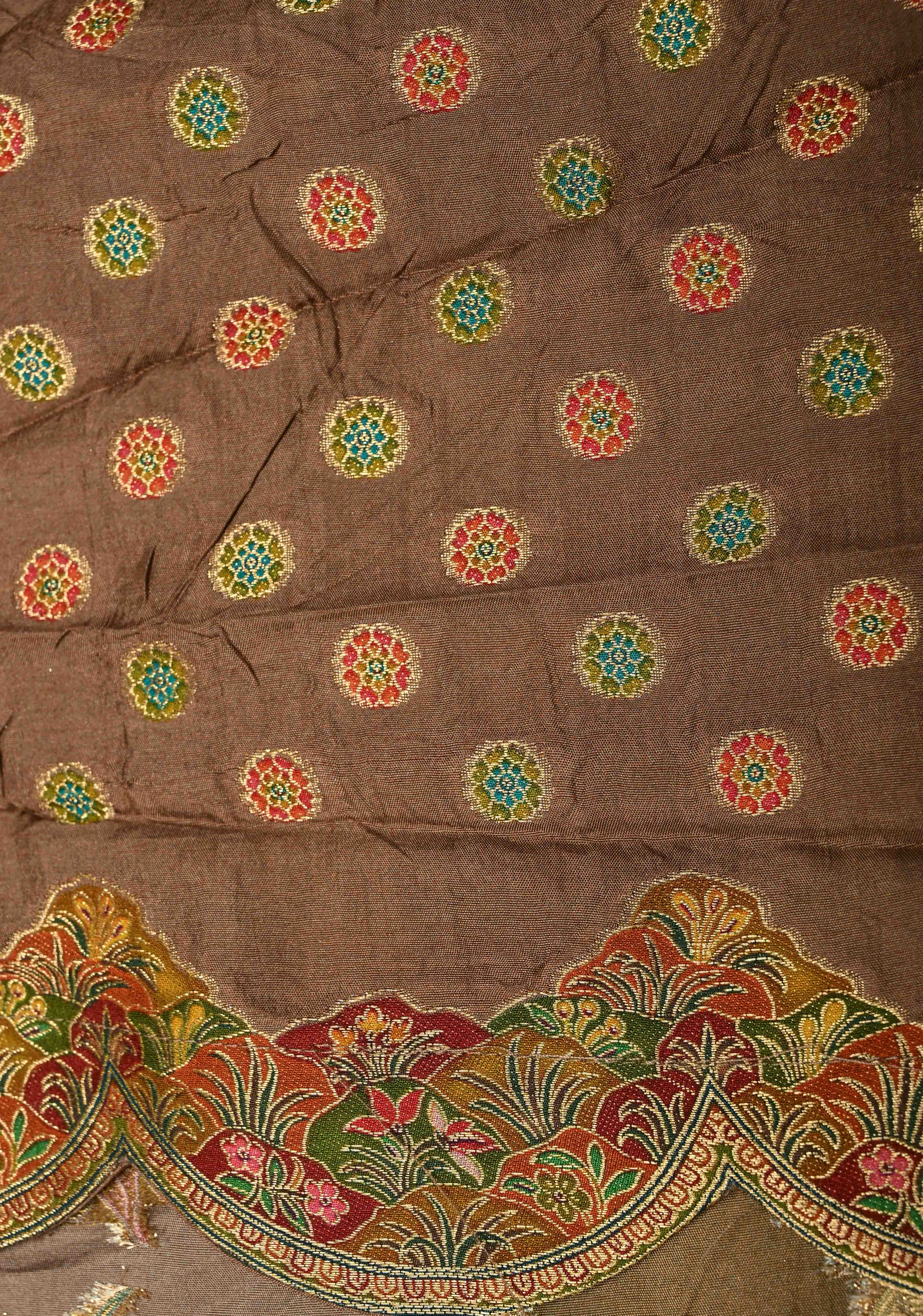 Vegan Soft Silk Saree with Floral Brocade and Crane Motifs in Dusty Rose with Scallop border | Shobitam