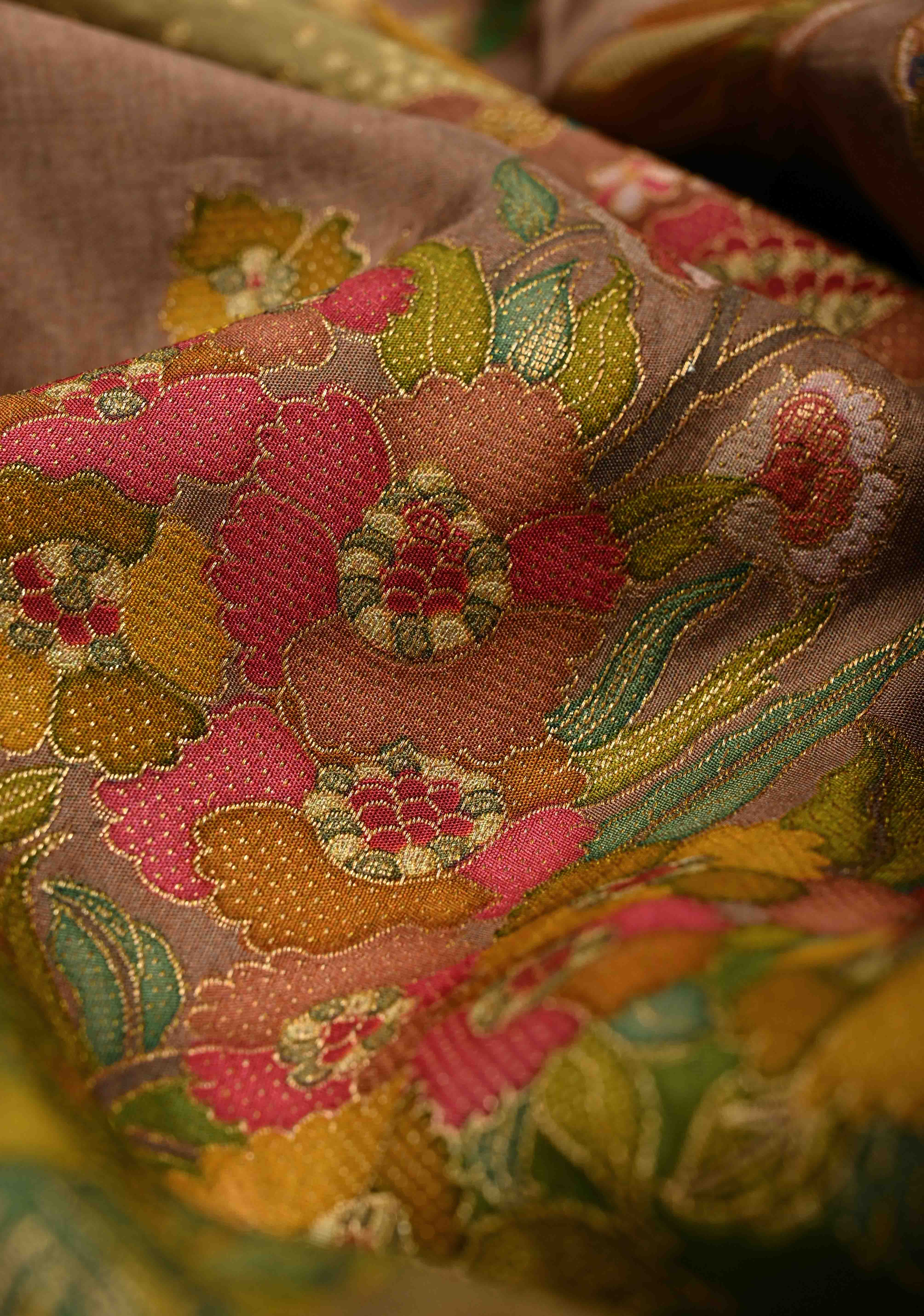 Vegan Soft Silk Saree with Floral Brocade and Crane Motifs in Dusty Rose with Scallop border | Shobitam