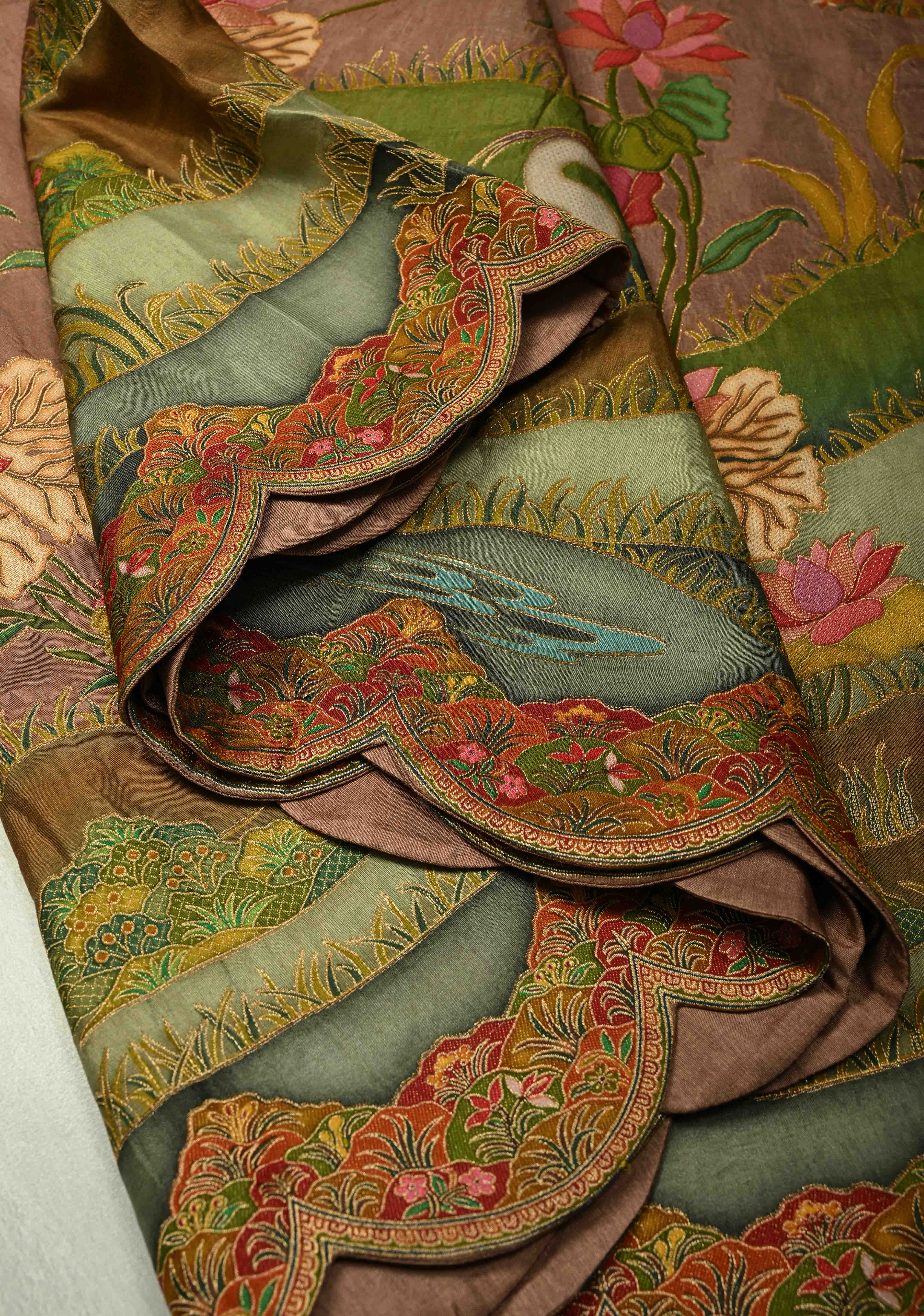 Vegan Soft Silk Saree with Floral Brocade and Crane Motifs in Dusty Rose with Scallop border | Shobitam