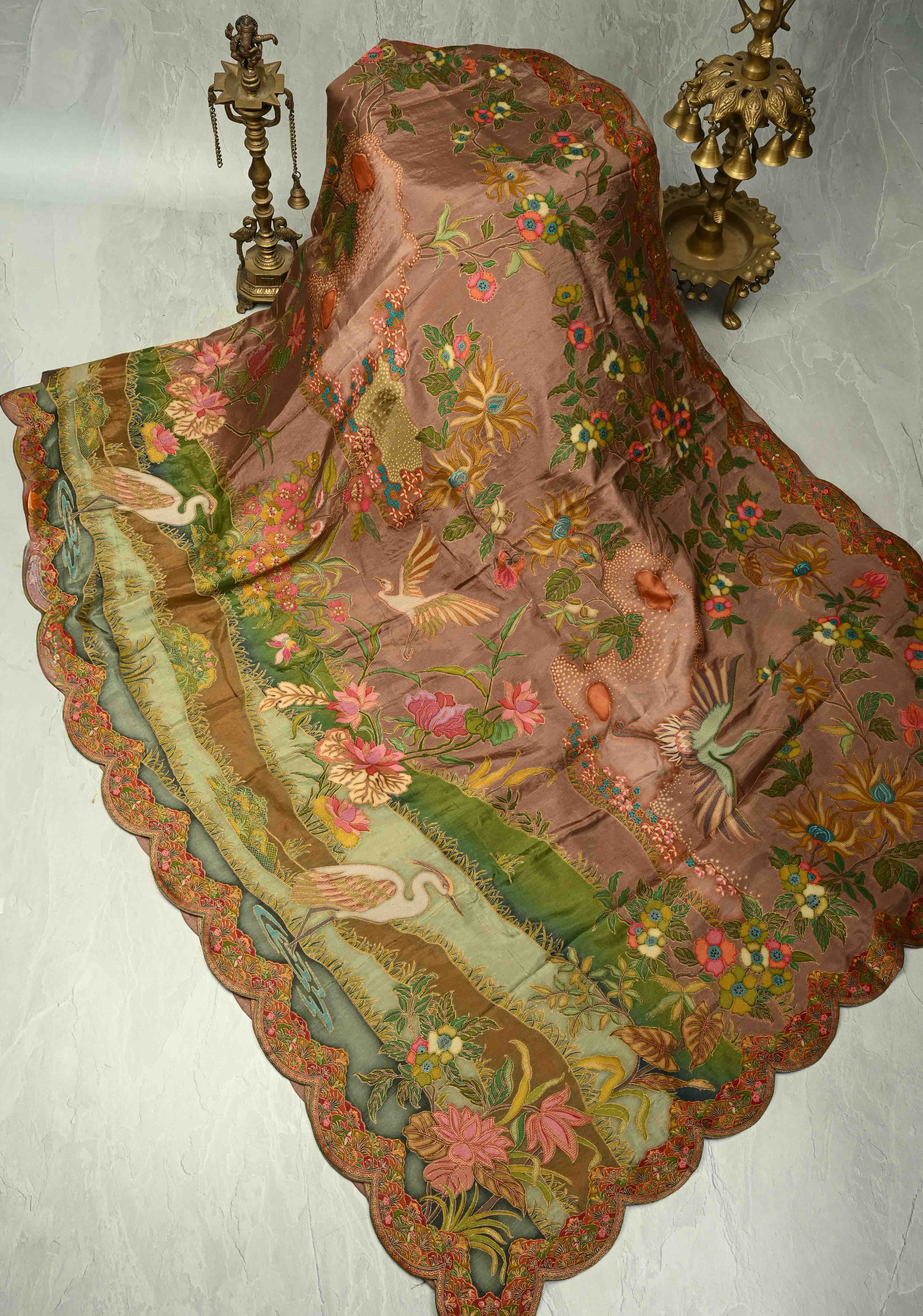 Vegan Soft Silk Saree with Floral Brocade and Crane Motifs in Dusty Rose with Scallop border | Shobitam