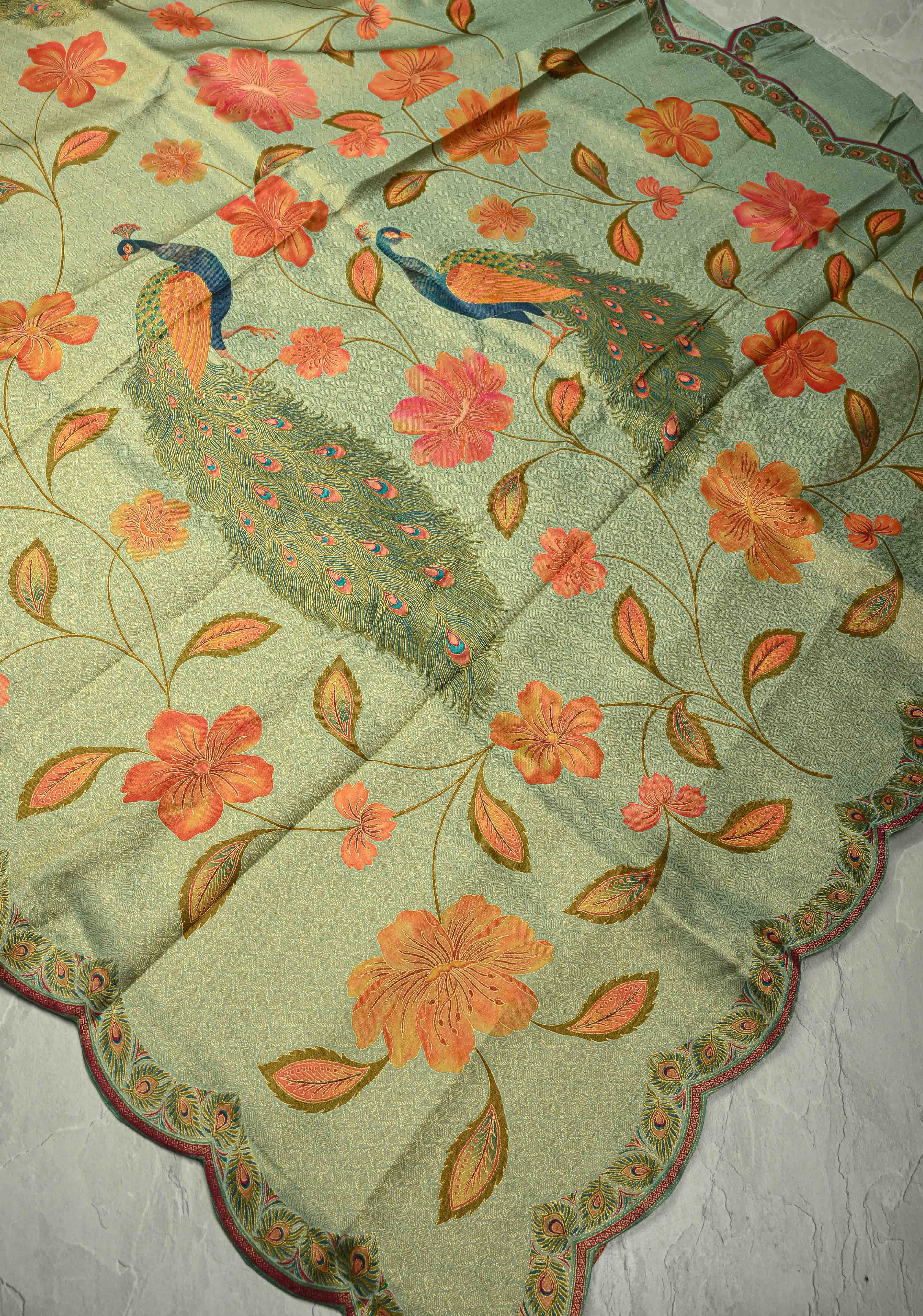 Vegan Silk Saree in Mint Green with Floral Jaal and Scallop Border | Shobitam