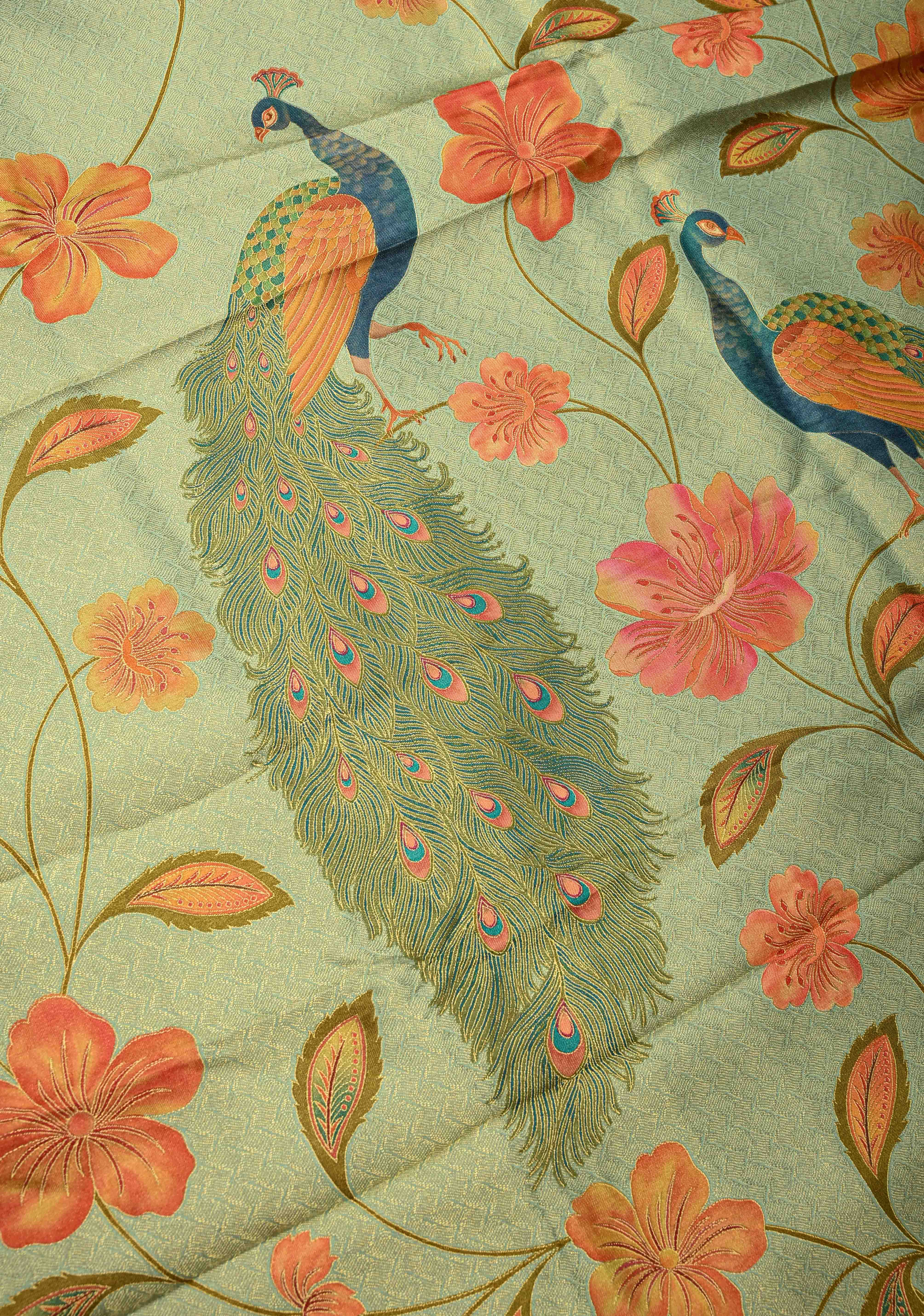 Vegan Silk Saree in Mint Green with Floral Jaal and Scallop Border | Shobitam