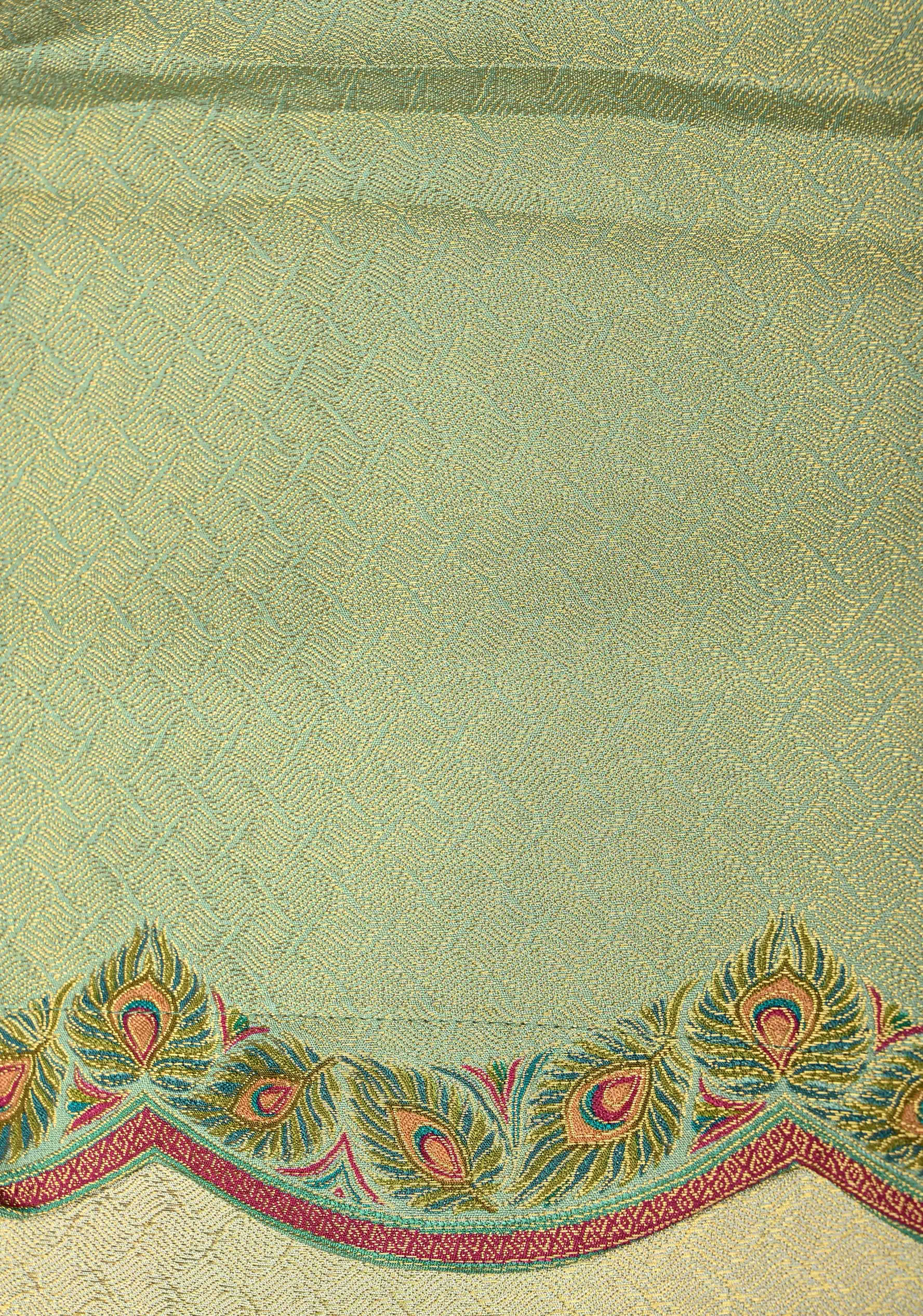 Vegan Silk Saree in Mint Green with Floral Jaal and Scallop Border | Shobitam