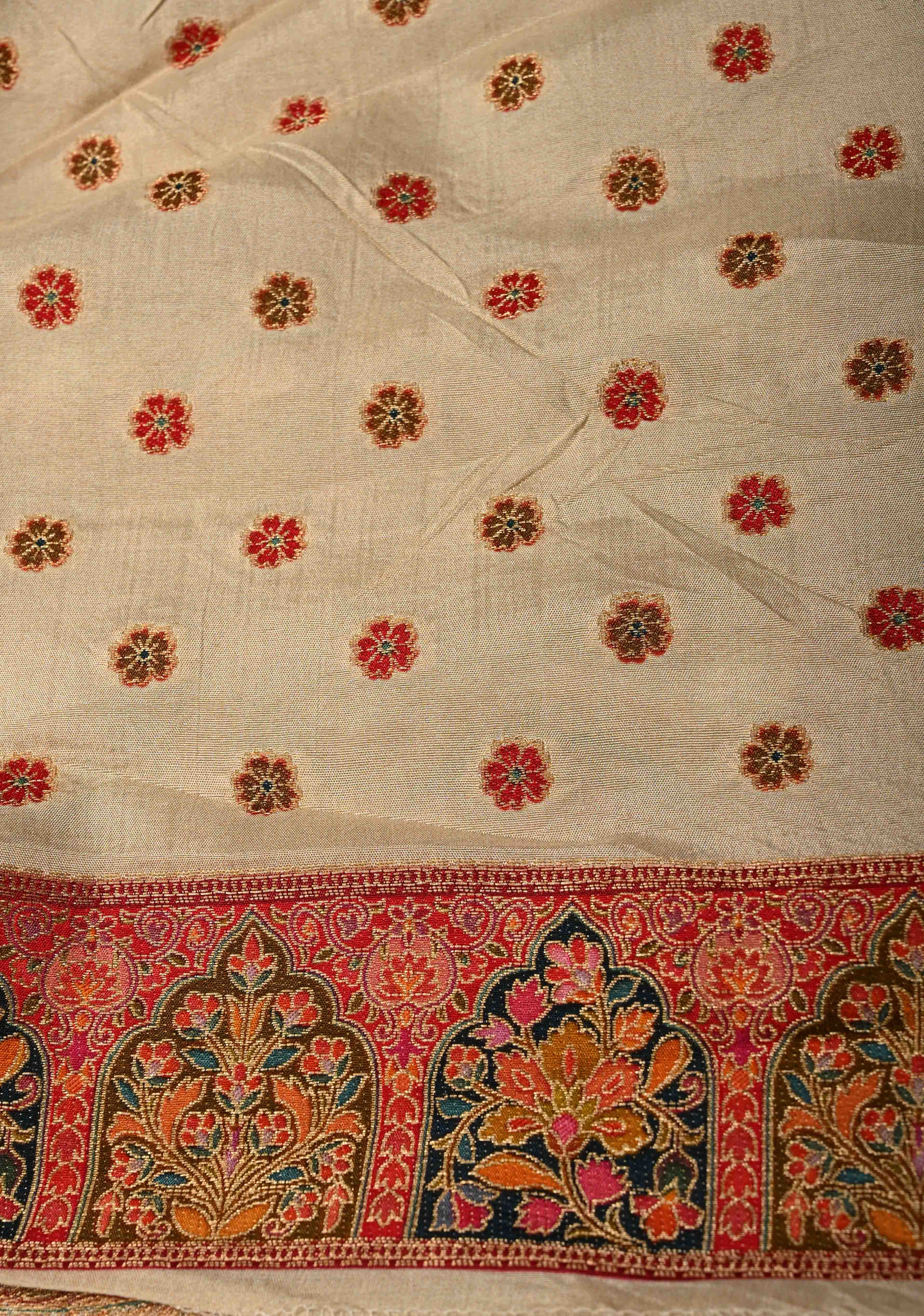 Cream Vegan Viscose Silk Saree with Meenakari Kashmiri Style Kani Design and Border | Shobitam