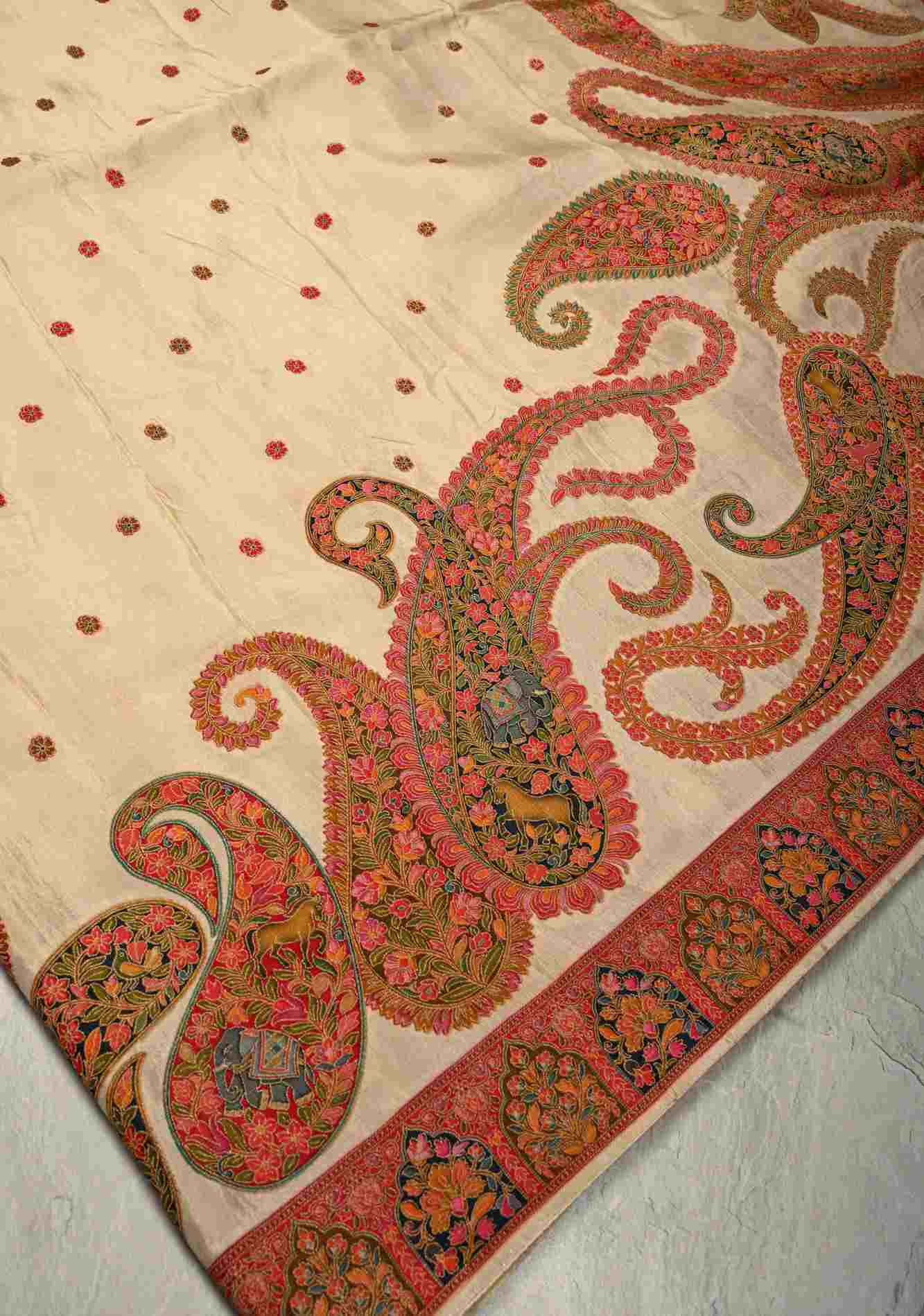 Cream Vegan Viscose Silk ready to wear Saree with Meenakari Kashmiri Style Kani Design and Border Ready to Wear Saree