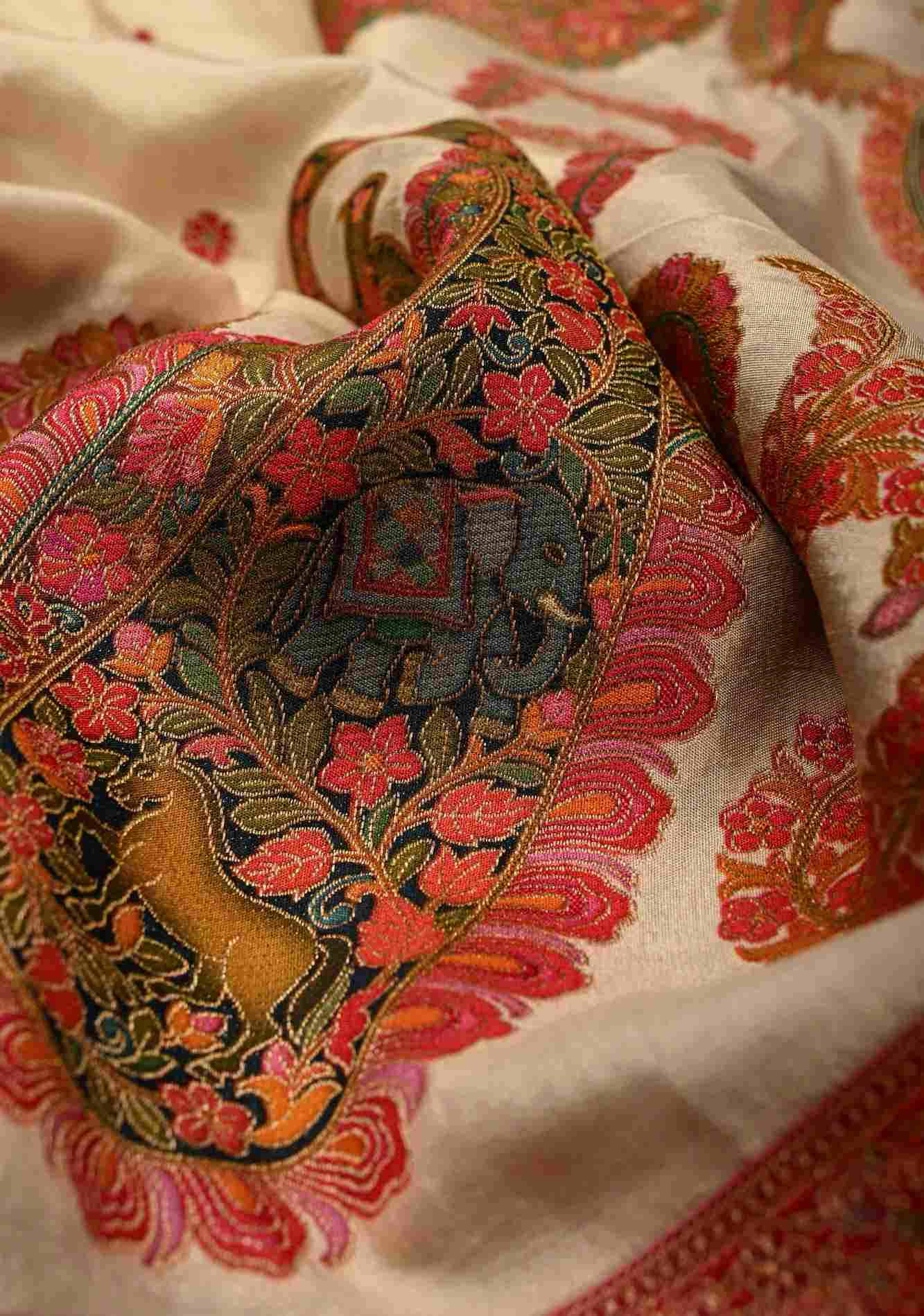 Cream Vegan Viscose Silk ready to wear Saree with Meenakari Kashmiri Style Kani Design and Border Ready to Wear Saree