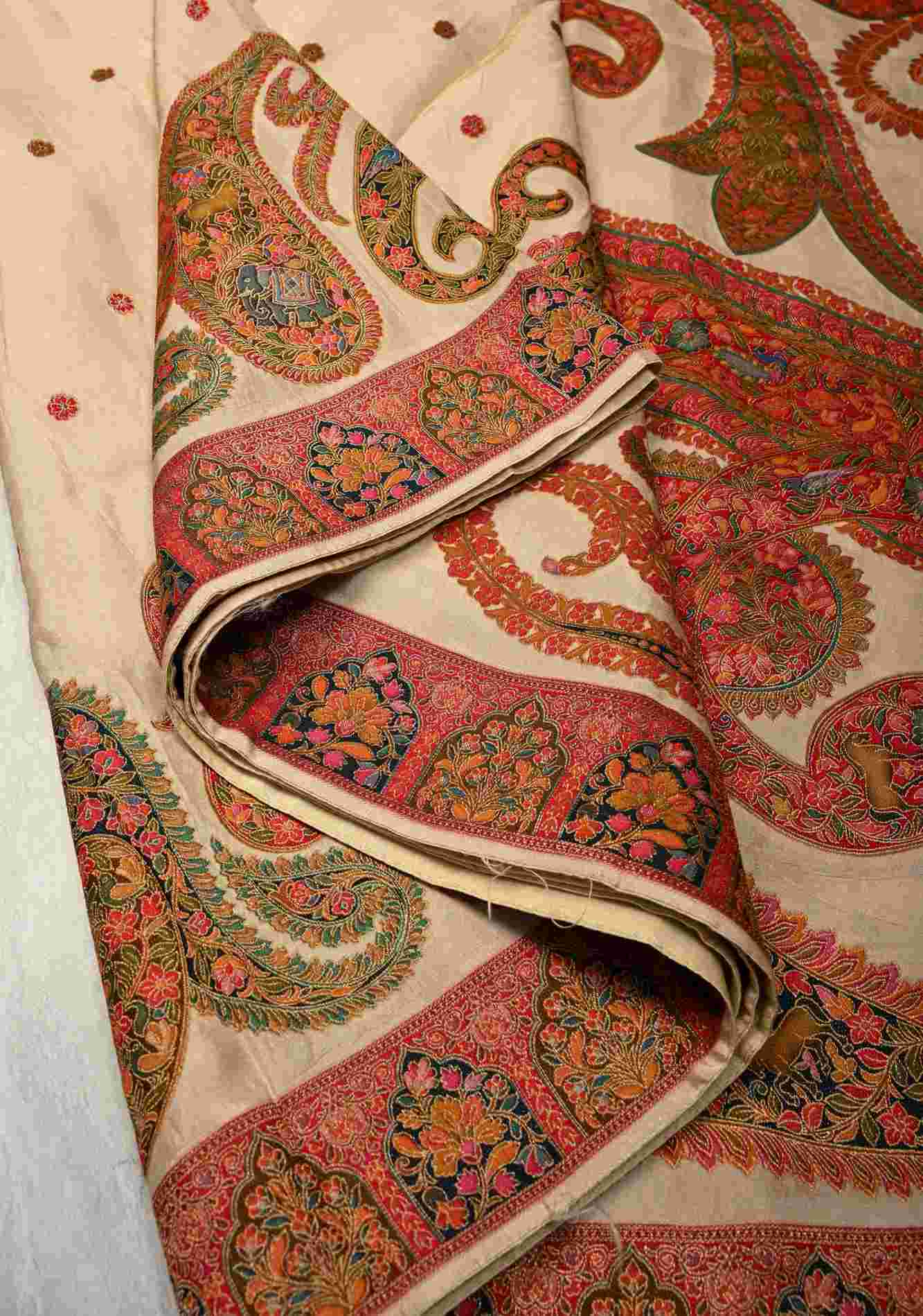 Cream Vegan Viscose Silk ready to wear Saree with Meenakari Kashmiri Style Kani Design and Border Ready to Wear Saree