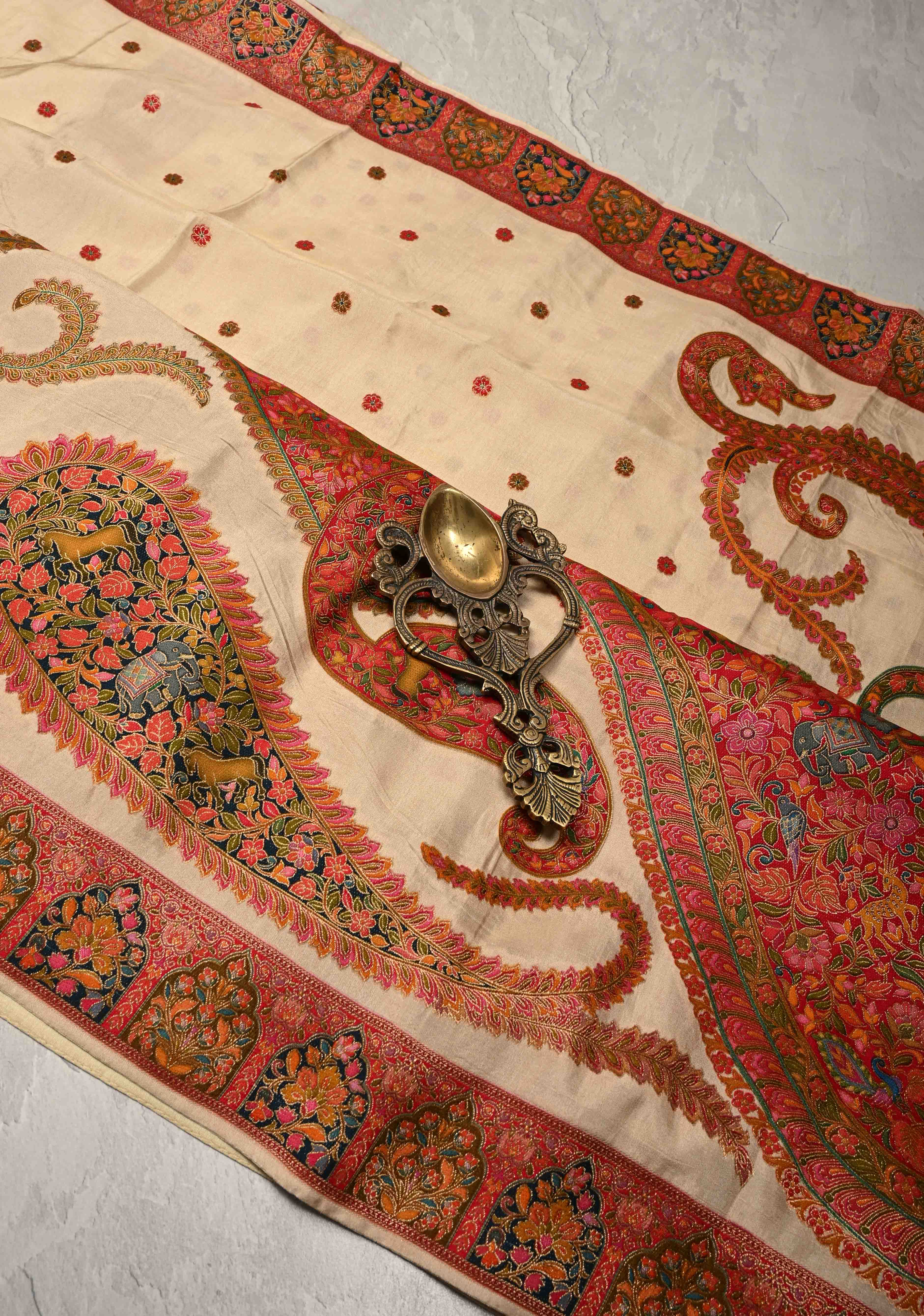 Cream Vegan Viscose Silk Saree with Meenakari Kashmiri Style Kani Design and Border | Shobitam