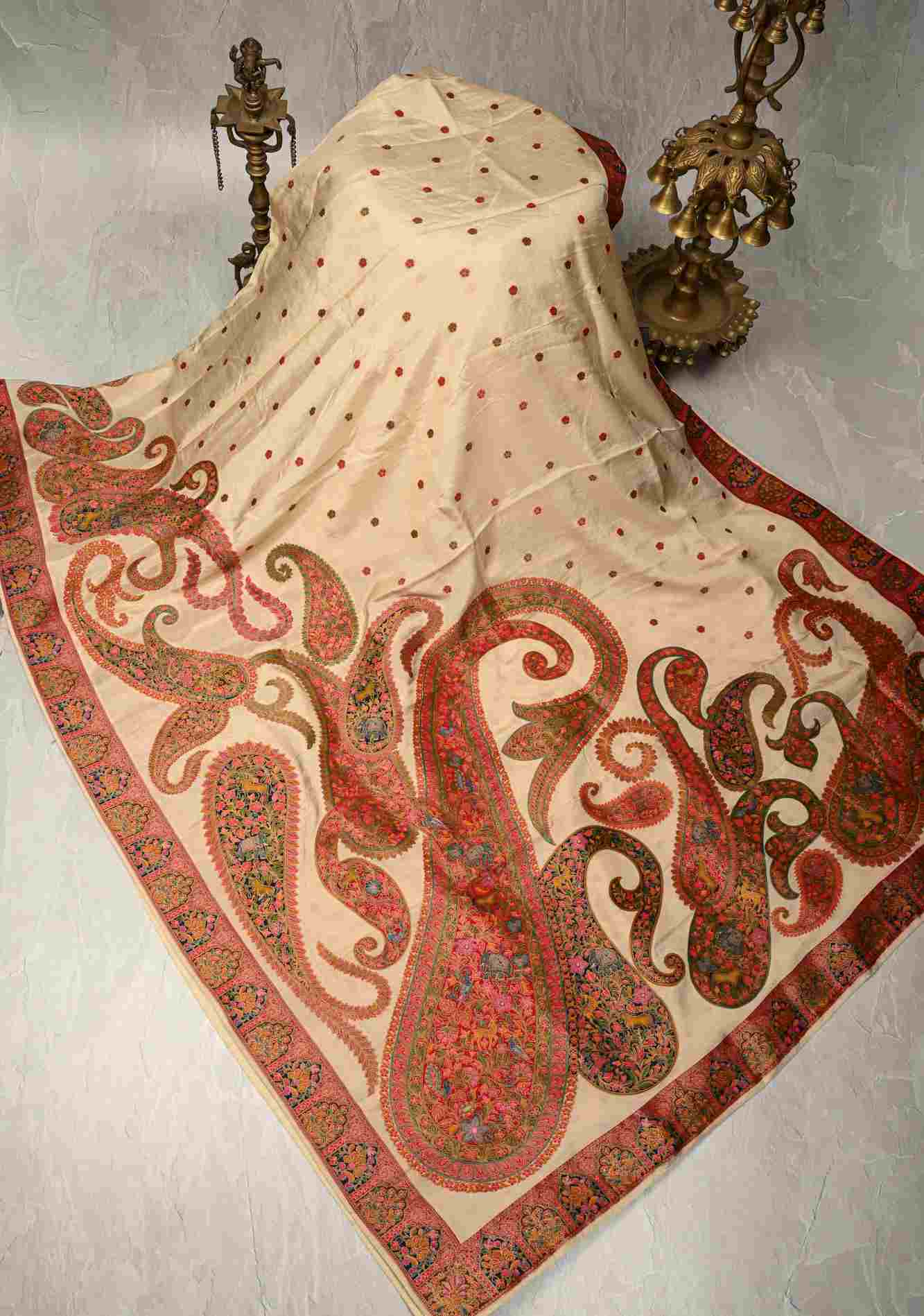 Cream Vegan Viscose Silk ready to wear Saree with Meenakari Kashmiri Style Kani Design and Border Ready to Wear Saree