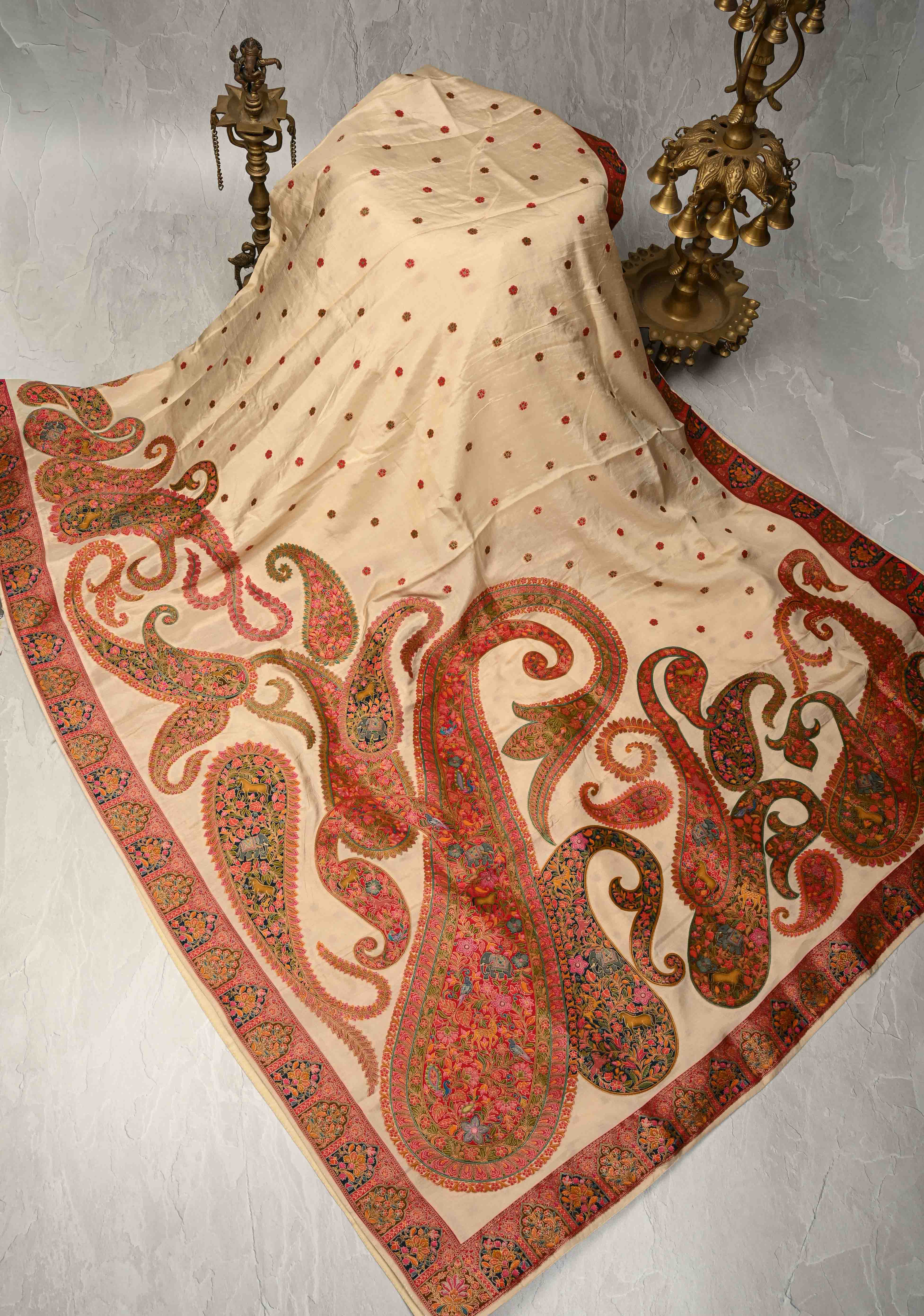 Cream Vegan Viscose Silk Saree with Meenakari Kashmiri Style Kani Design and Border | Shobitam