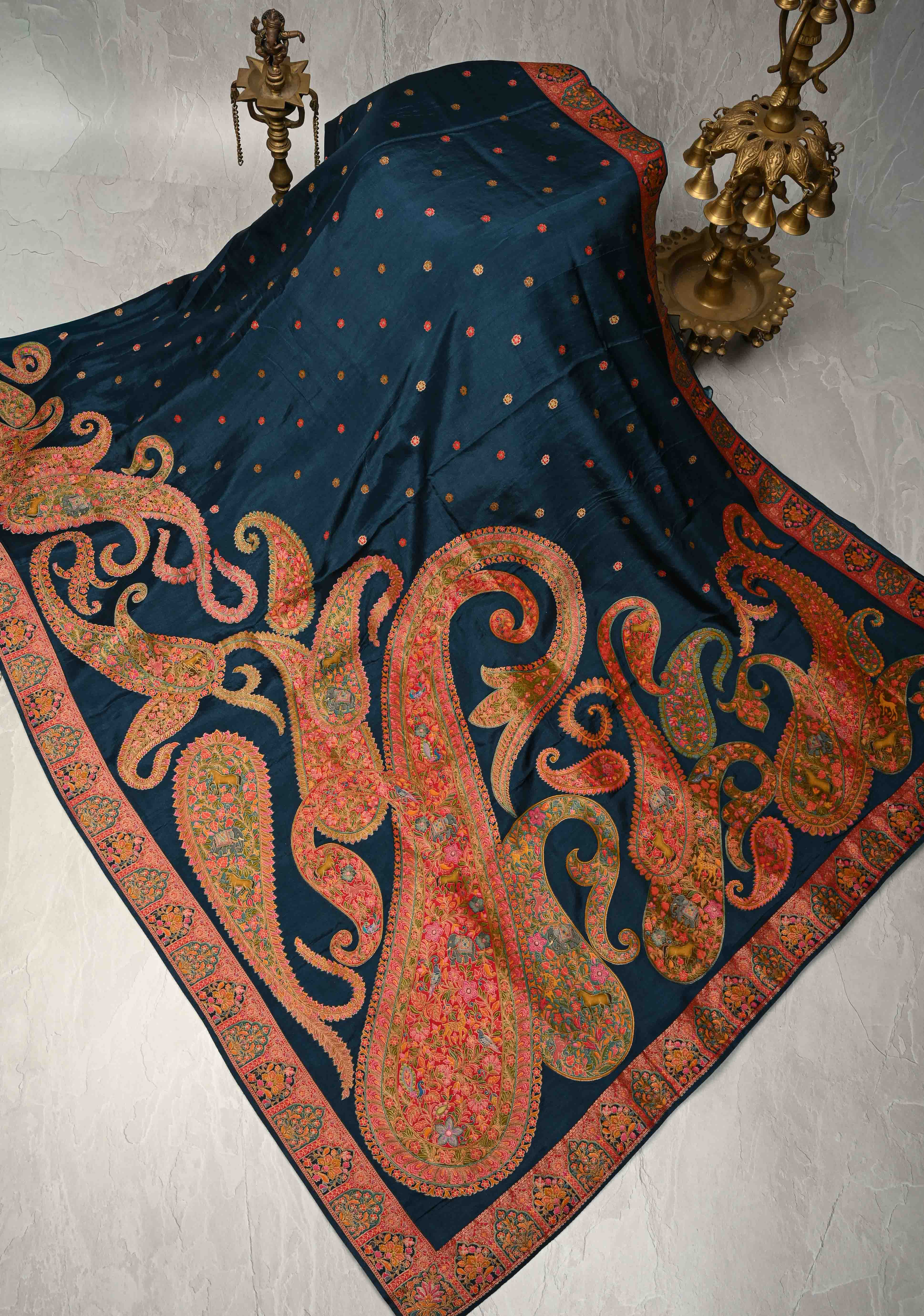 Prussian Blue Vegan Viscose Silk Saree with Kashmiri Weave Kani Design and Border | SHOBITAM