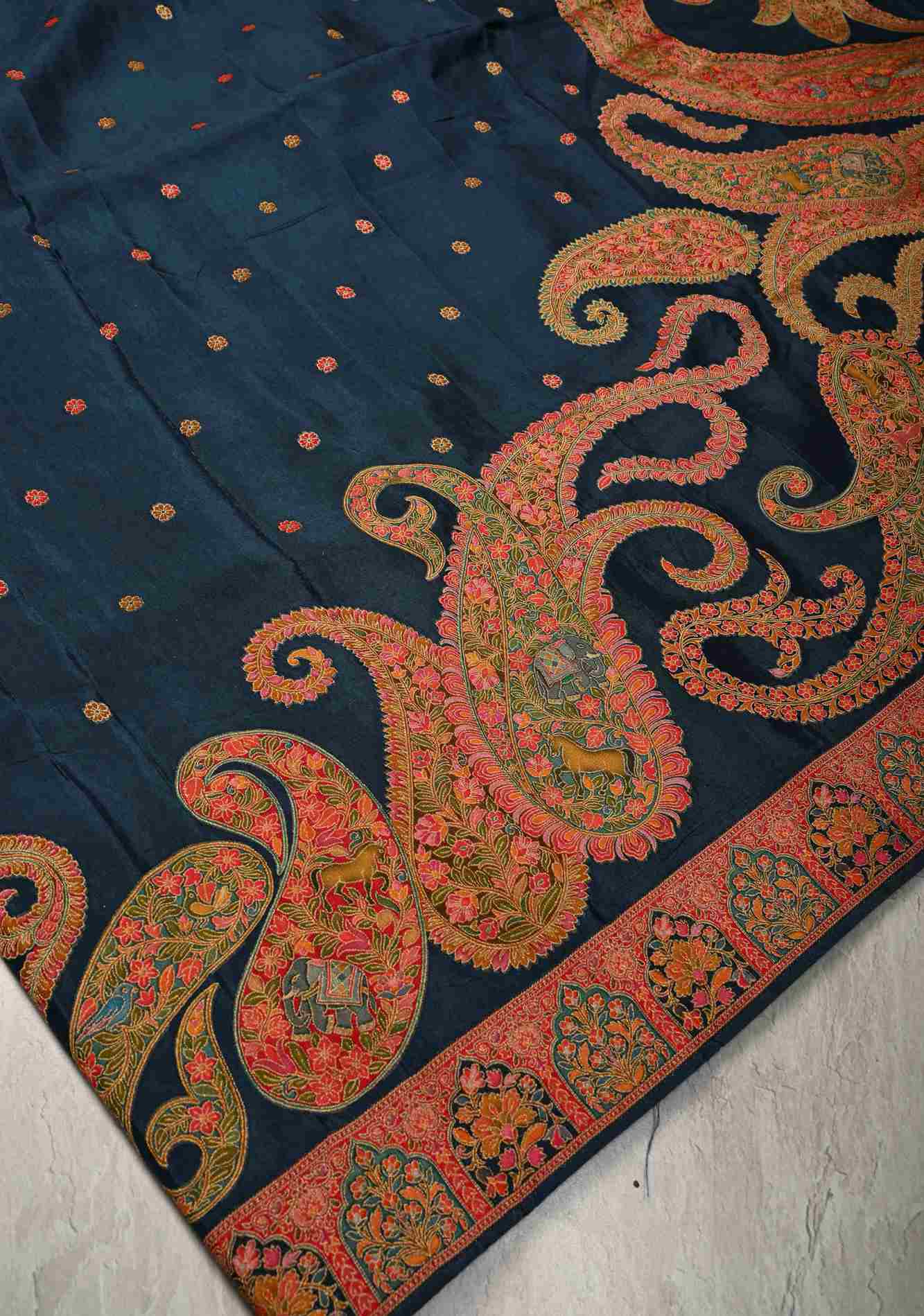 Persian Blue Vegan Viscose Silk stitched Saree with Kashmiri Weave Kani Design and Border Ready to Wear Saree