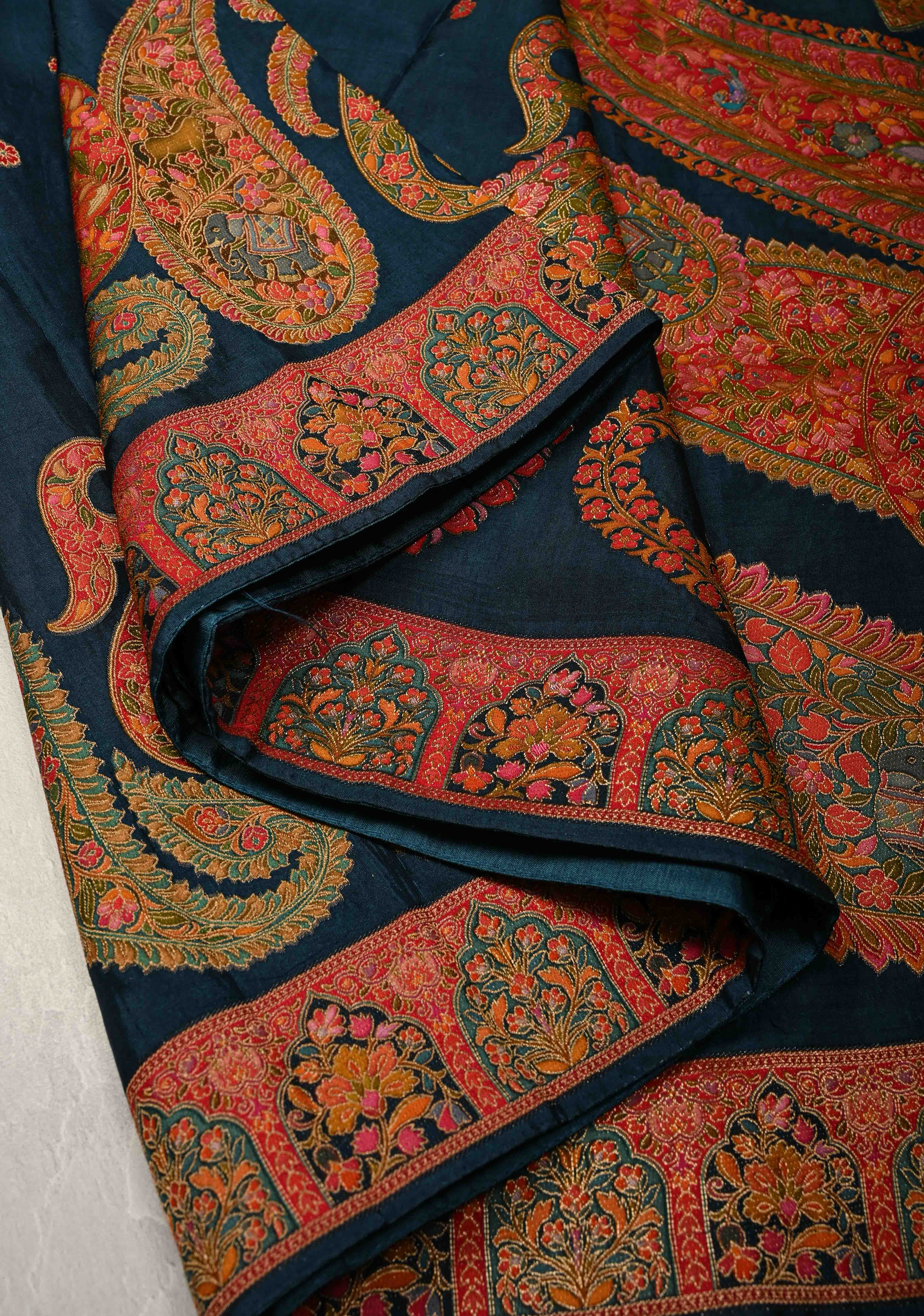 Prussian Blue Vegan Viscose Silk Saree with Kashmiri Weave Kani Design and Border | SHOBITAM