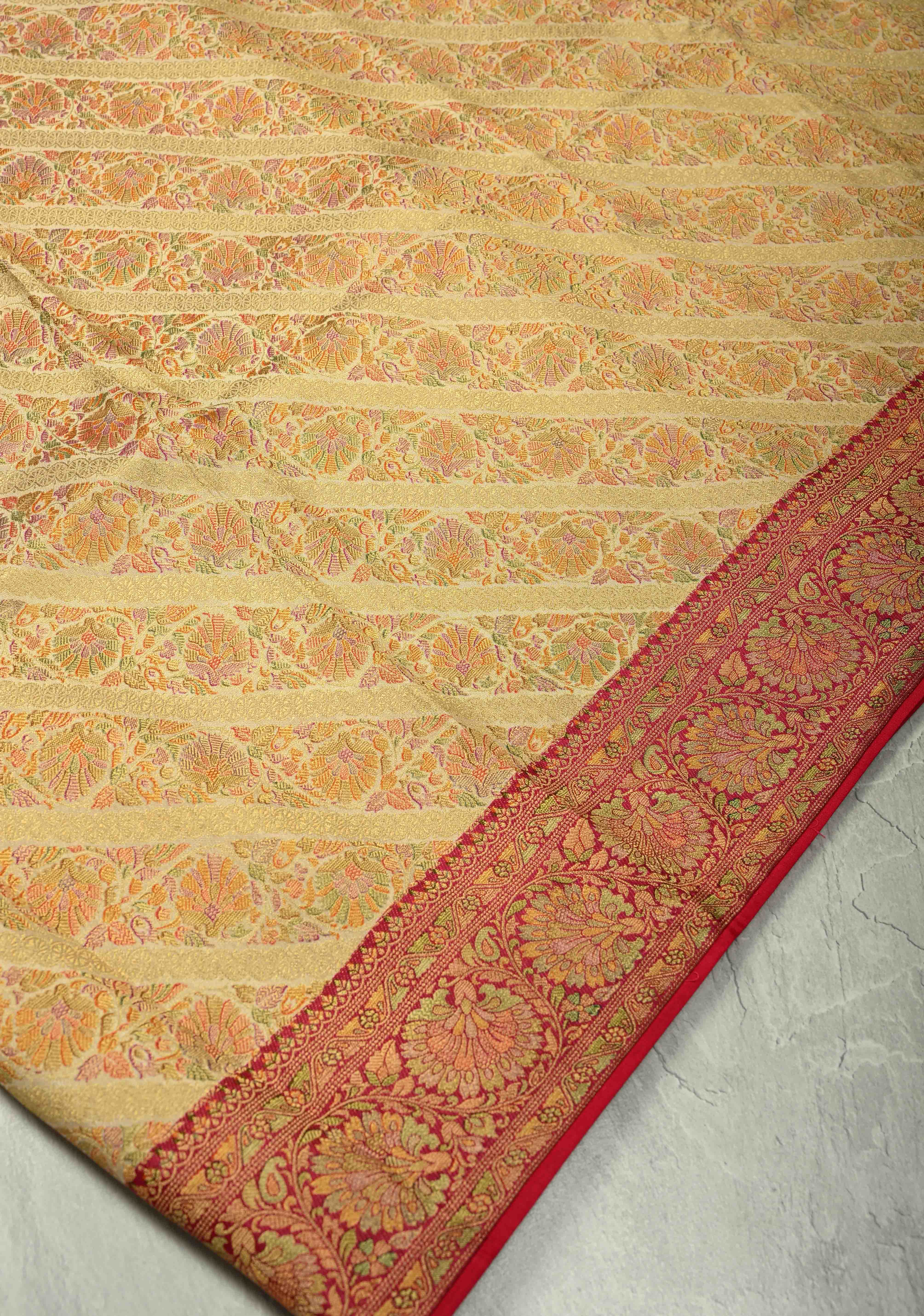 Vegan Silk Saree in Cream with Meenakari Floral Diagonal Stripes and Contrast Border | Shobitam
