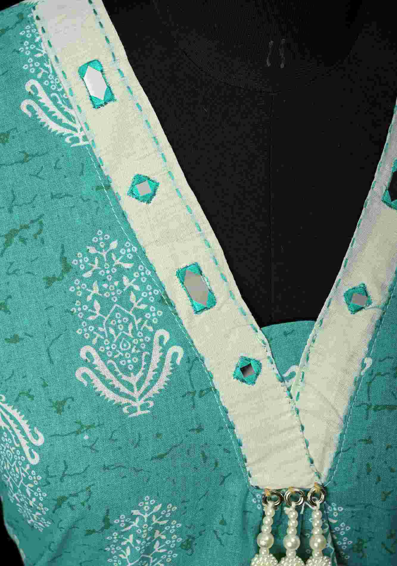 Cotton Jaipuri Print Blue A-Line Kurti Set with Contrast Neck Detailing | Made to Order