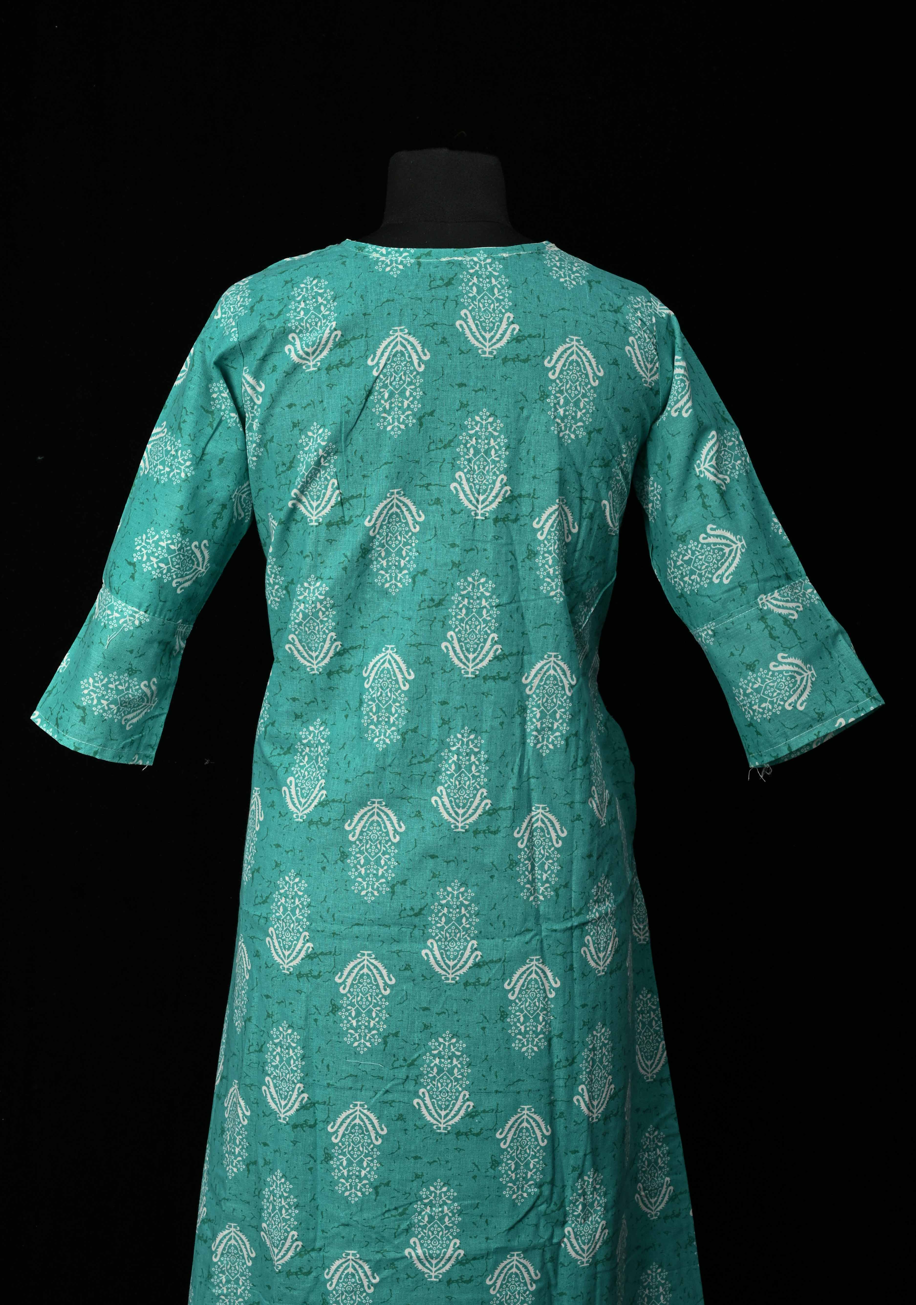 Cotton Jaipuri Print Blue A-Line Kurti Set with Contrast Neck Detailing | Made to Order | SHOBITAM