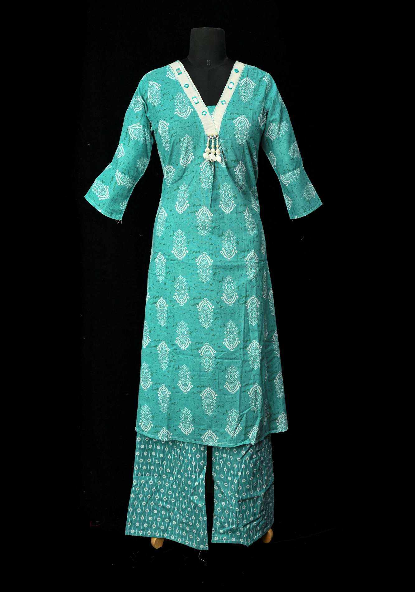 Cotton Jaipuri Print Blue A-Line Kurti Set with Contrast Neck Detailing | Made to Order