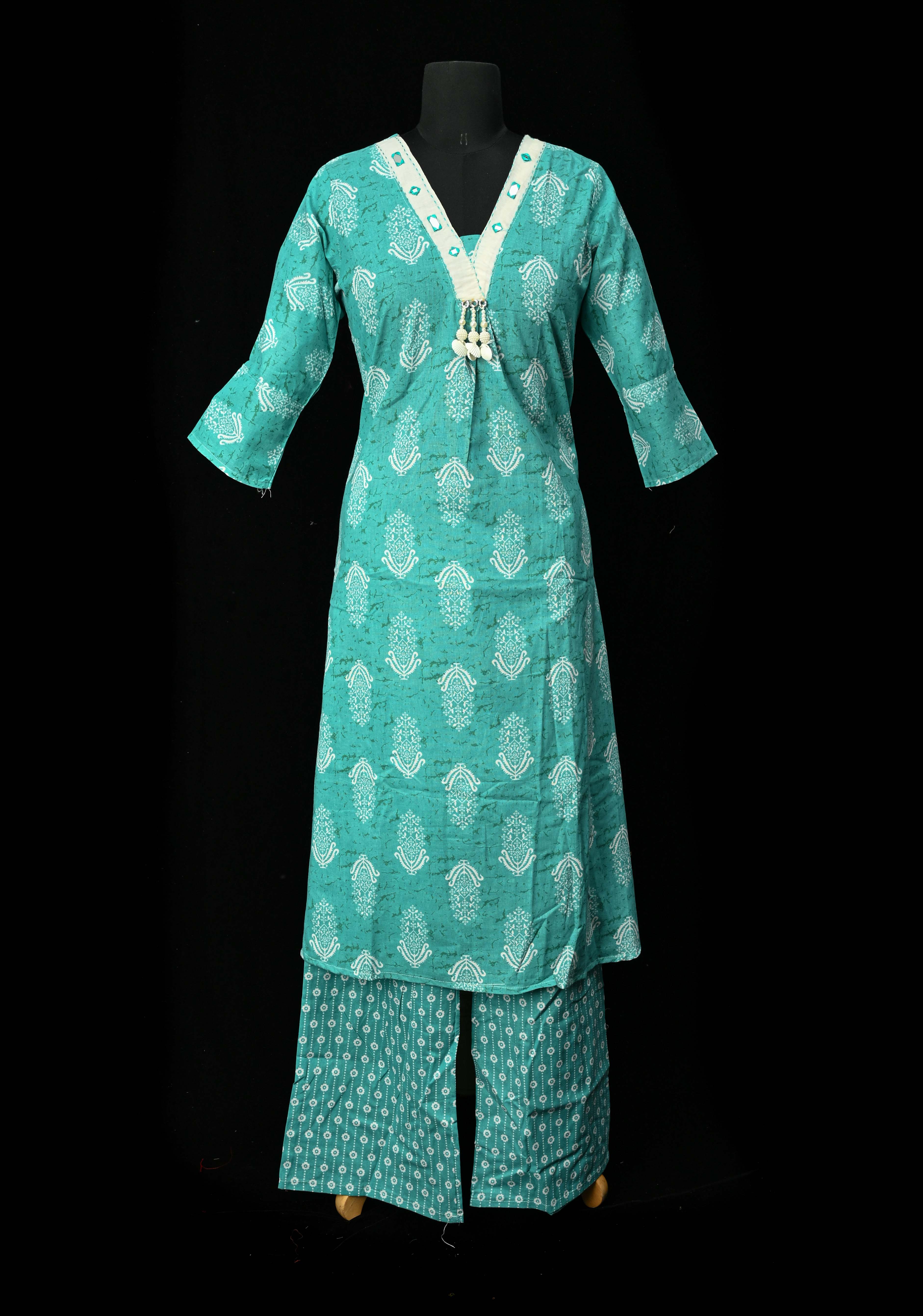 Cotton Jaipuri Print Blue A-Line Kurti Set with Contrast Neck Detailing | Made to Order | SHOBITAM