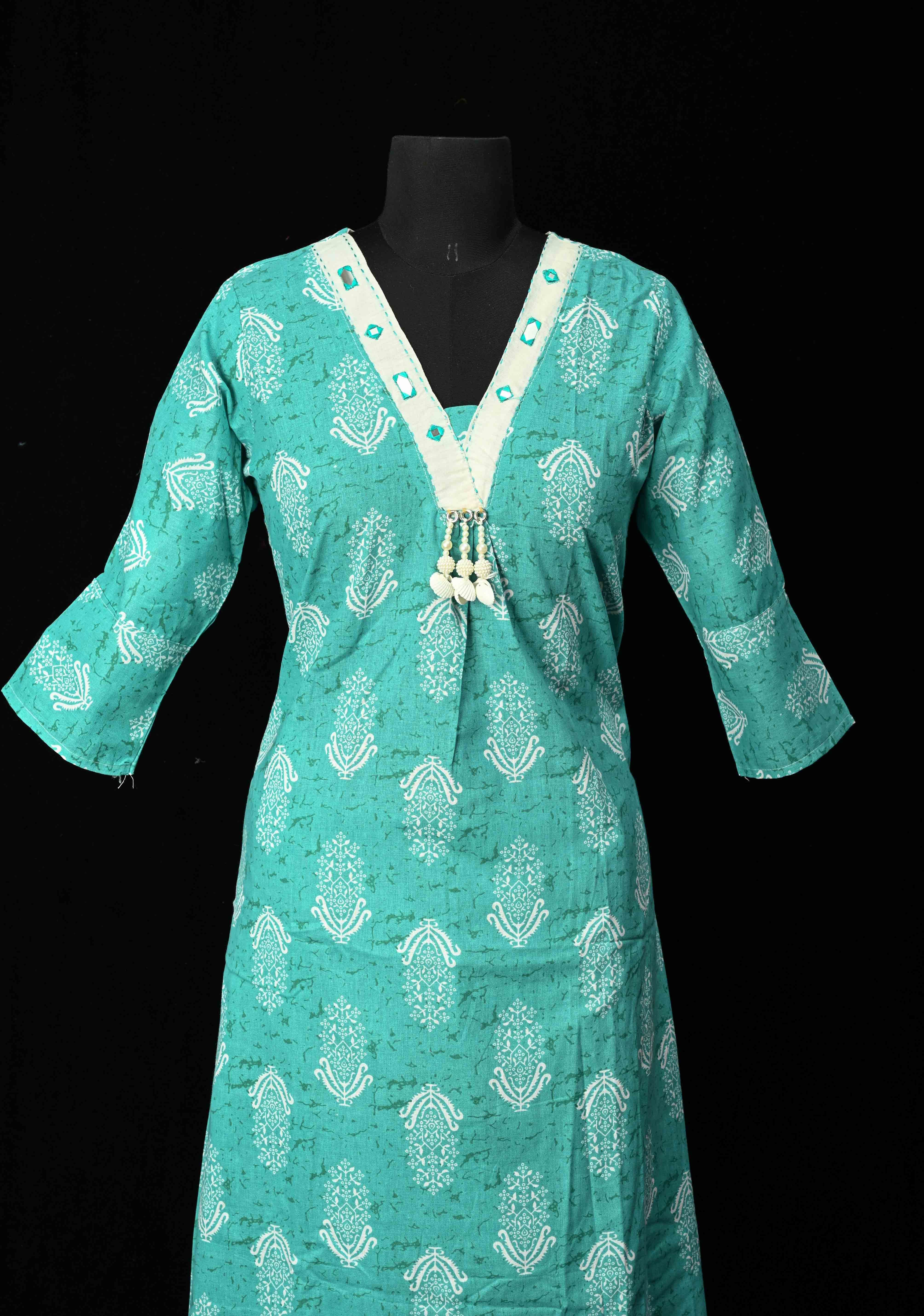 Cotton Jaipuri Print Blue A-Line Kurti Set with Contrast Neck Detailing | Made to Order | SHOBITAM