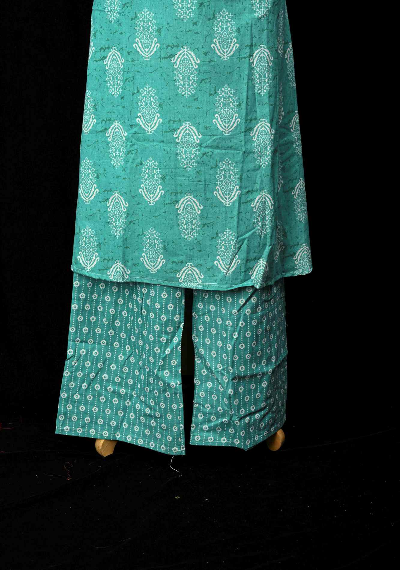 Cotton Jaipuri Print Blue A-Line Kurti Set with Contrast Neck Detailing | Made to Order