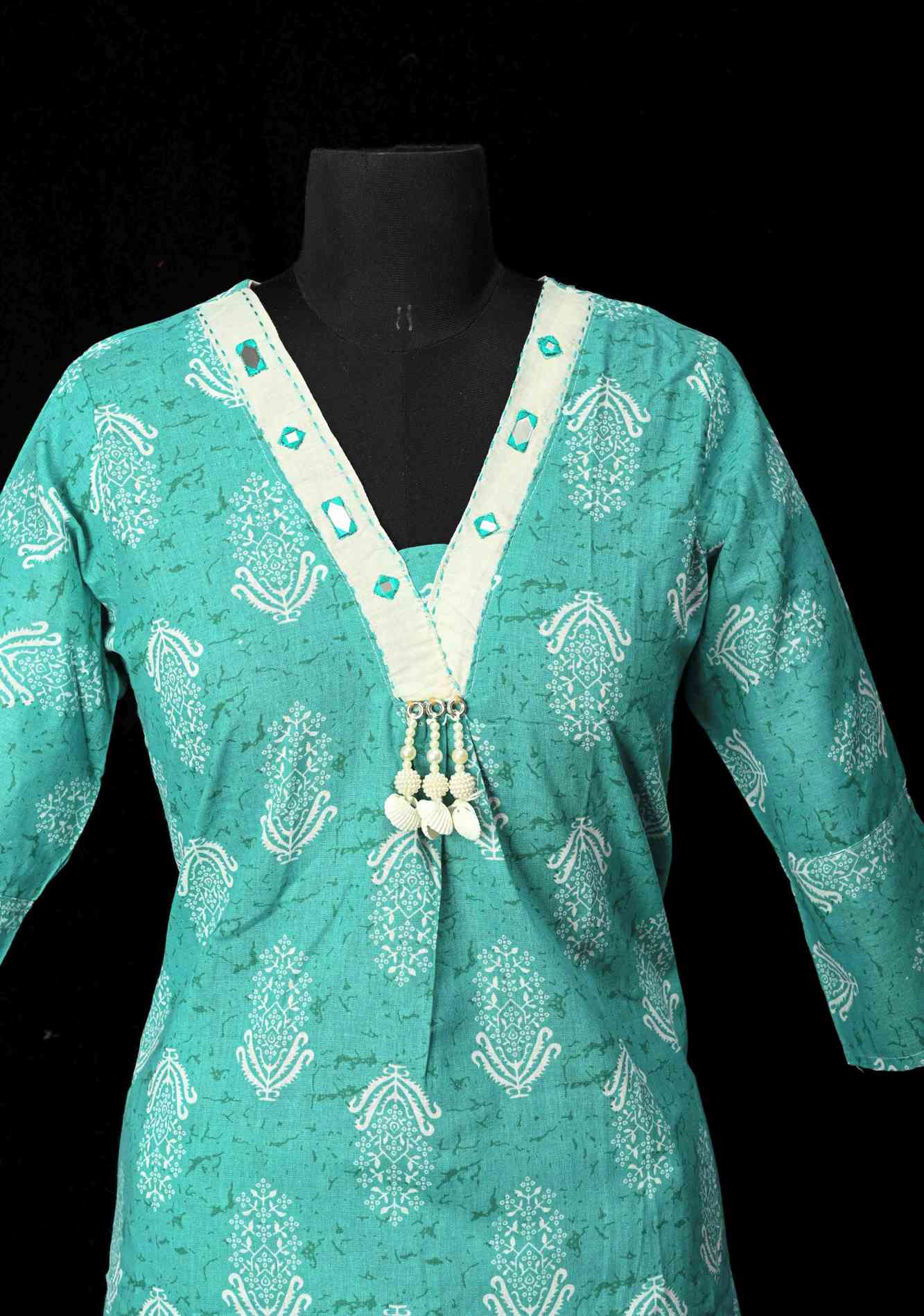 Cotton Jaipuri Print Blue A-Line Kurti Set with Contrast Neck Detailing | Made to Order