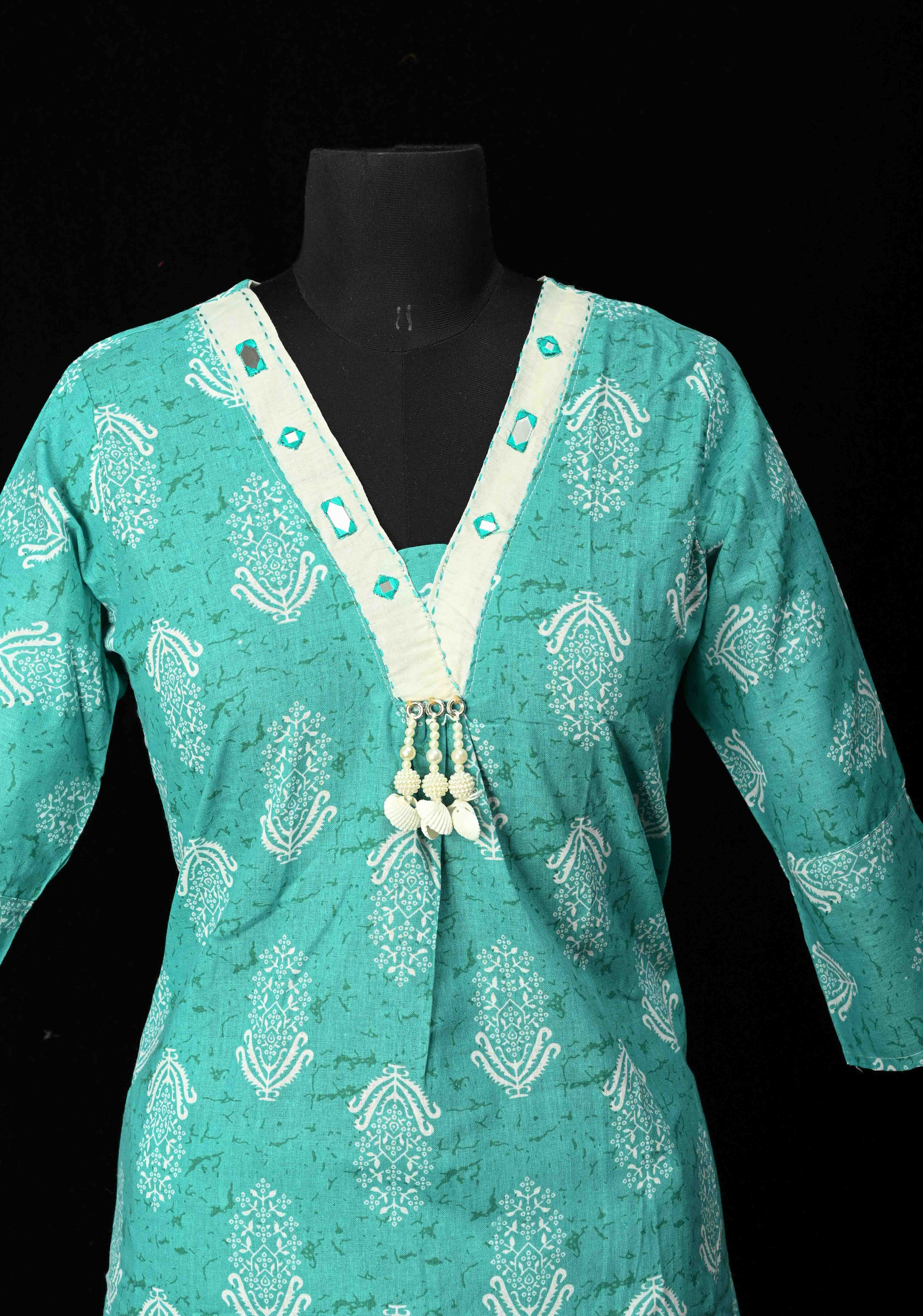 Cotton Jaipuri Print Blue A-Line Kurti Set with Contrast Neck Detailing | Made to Order | SHOBITAM