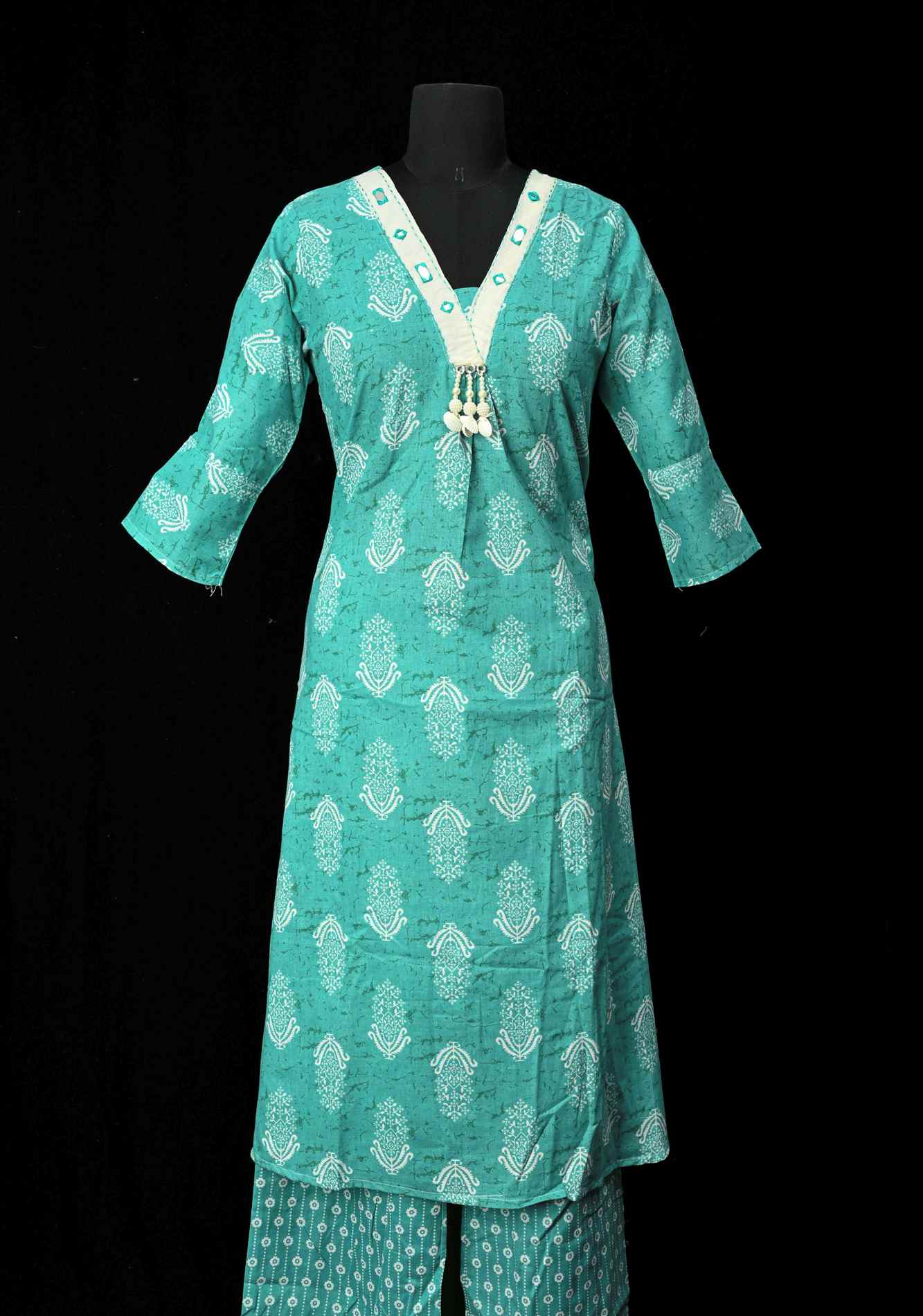 Cotton Jaipuri Print Blue A-Line Kurti Set with Contrast Neck Detailing | Made to Order
