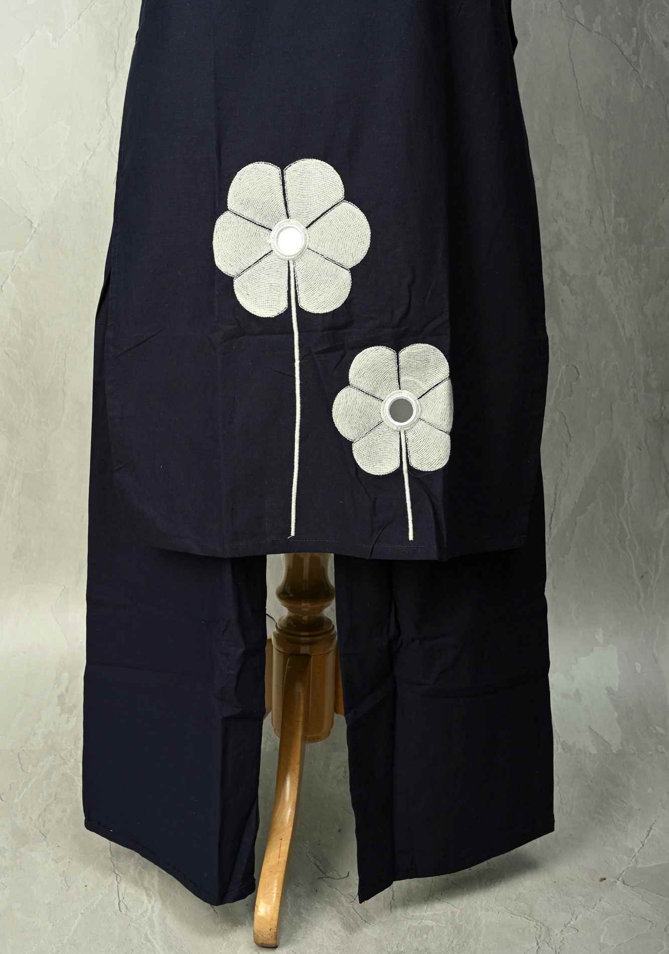 Navy Cotton Applique Floral Kurti 2 piece Set | Made to Order
