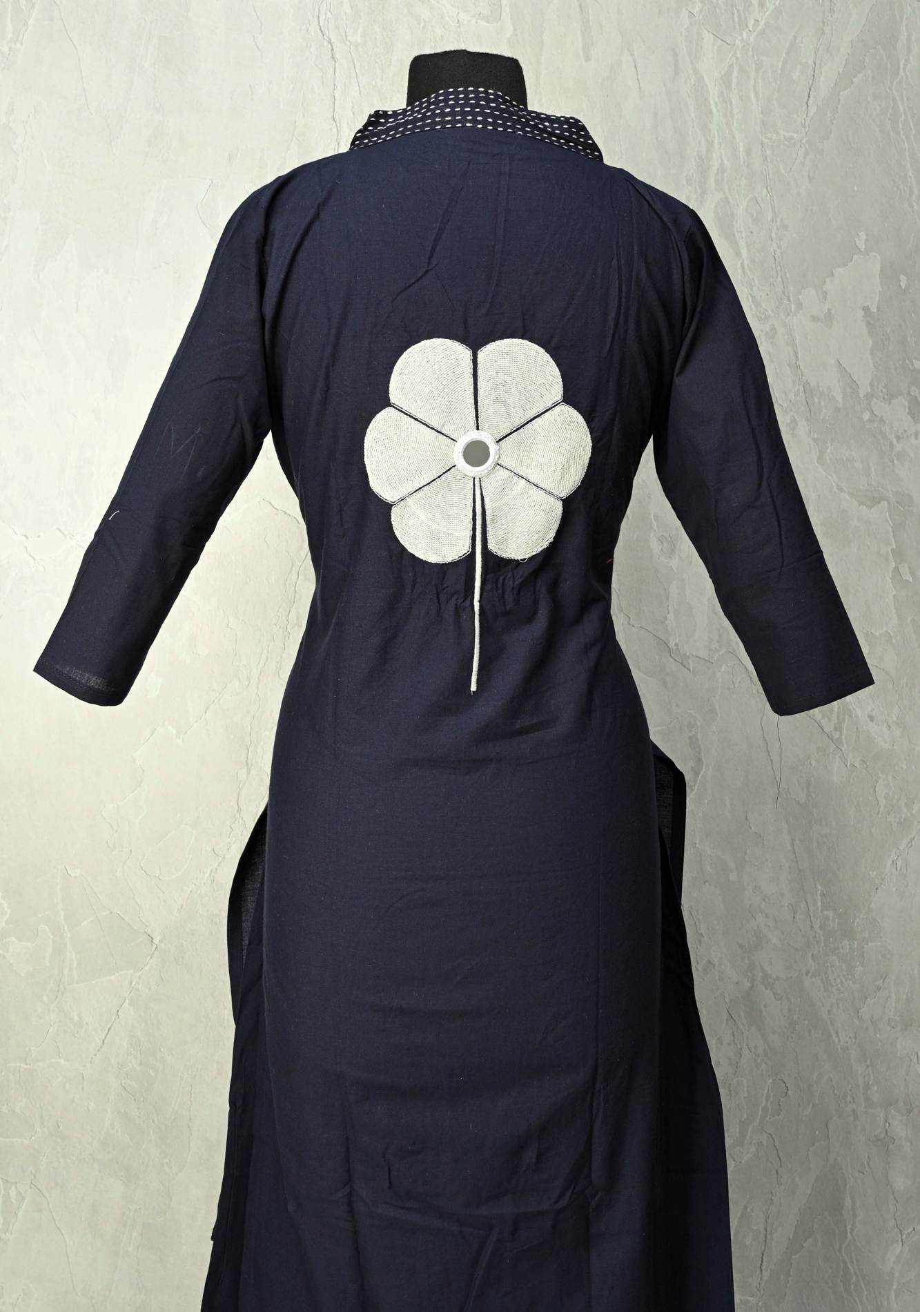 Navy Cotton Applique Floral Kurti 2 piece Set | Made to Order