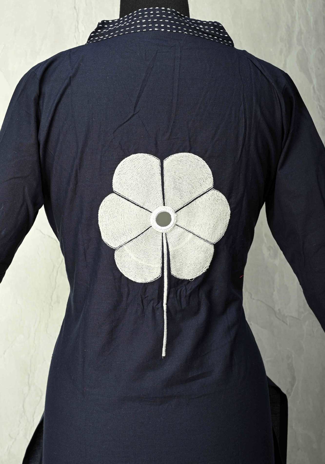 Navy Cotton Applique Floral Kurti 2 piece Set | Made to Order