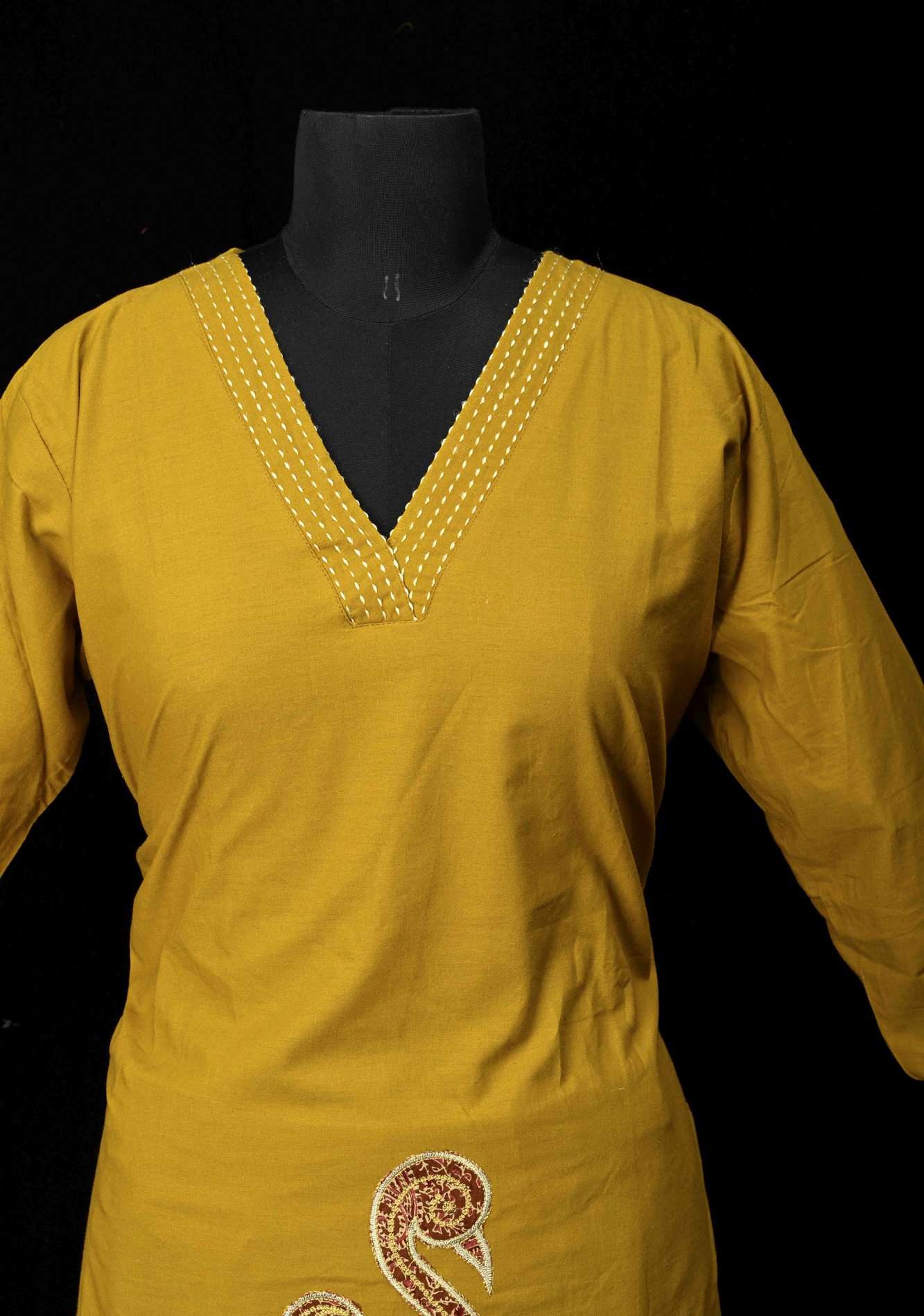 Mustard Yellow Cotton Coord Set with V-neck, 3/4th Sleeve Kurti & Pants | Made to Order