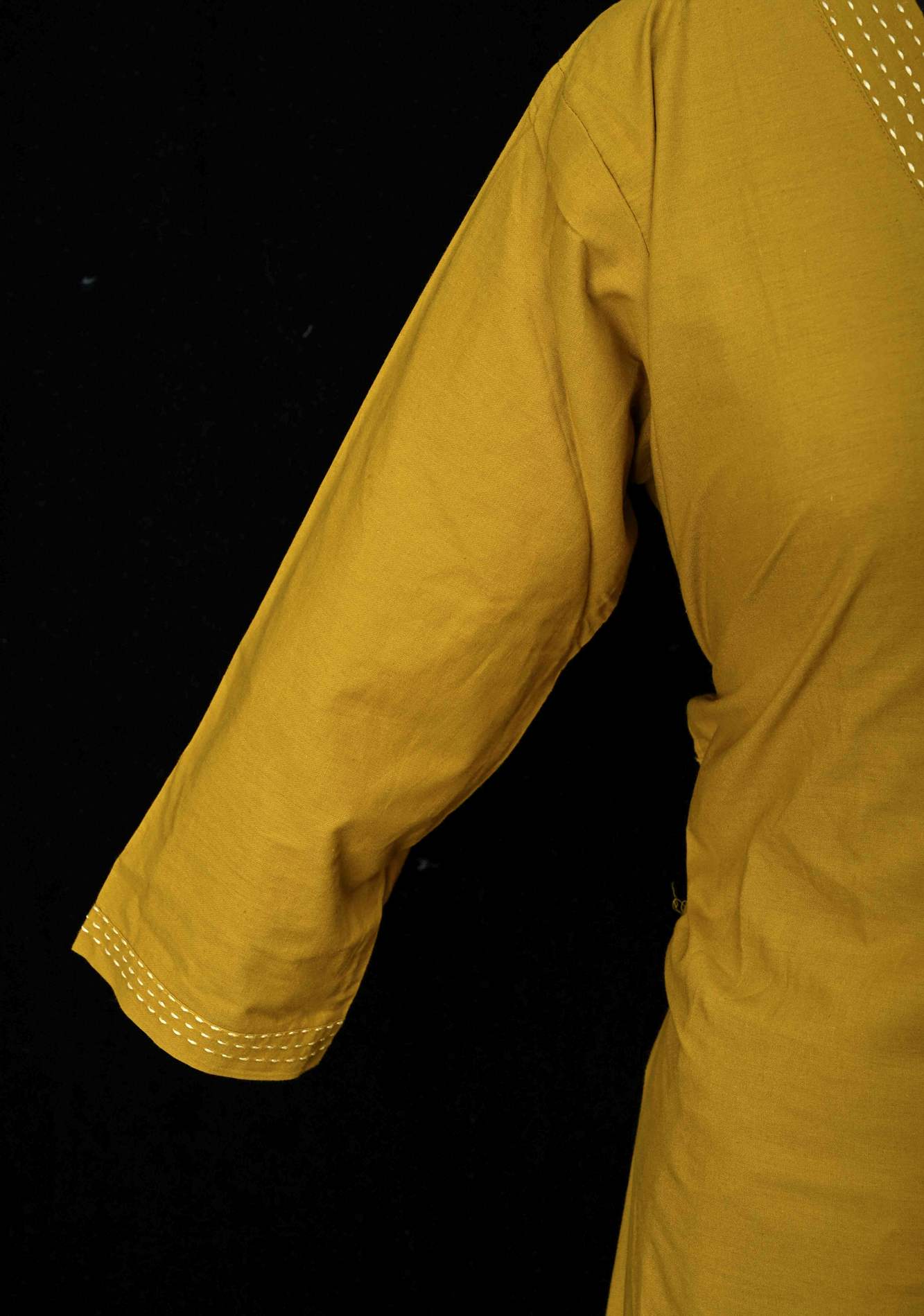 Mustard Yellow Cotton Coord Set with V-neck, 3/4th Sleeve Kurti & Pants | Made to Order