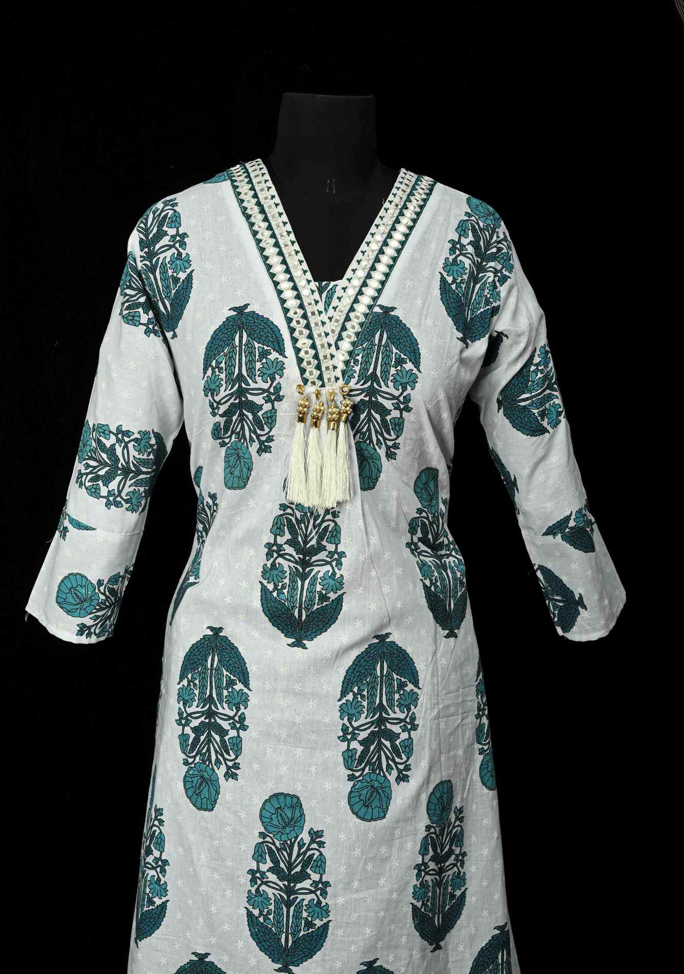 Blue A-Line Printed Cotton Kurti & Pant Set | Made to Order